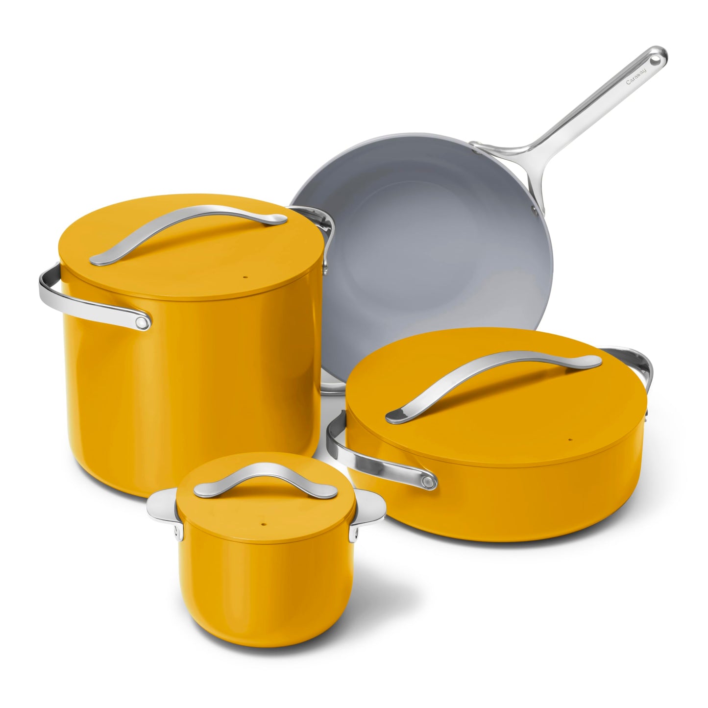 Caraway Cookware+ Collection - Specialty Cookware Set - Petite Cooker, Stir Fry Pan, Rondeau, & Stock Pot - 3 Lids & Storage Organizer Included - Marigold
