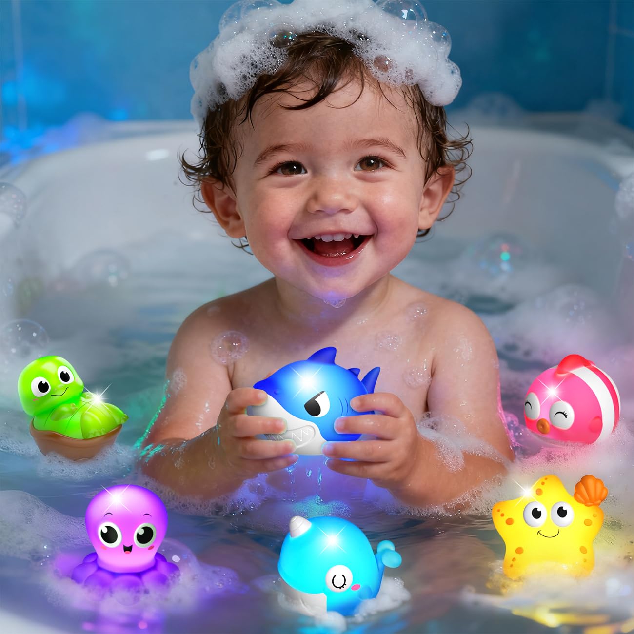 6 Packs Light Up Bath Toys for Kids Ages 1-3, Sea Animals Bathtub Toys for Baby 12-18 Months Toddlers 2-4, Water Activated Pool Toys for 1 2 Year Old Boy Girl Gifts