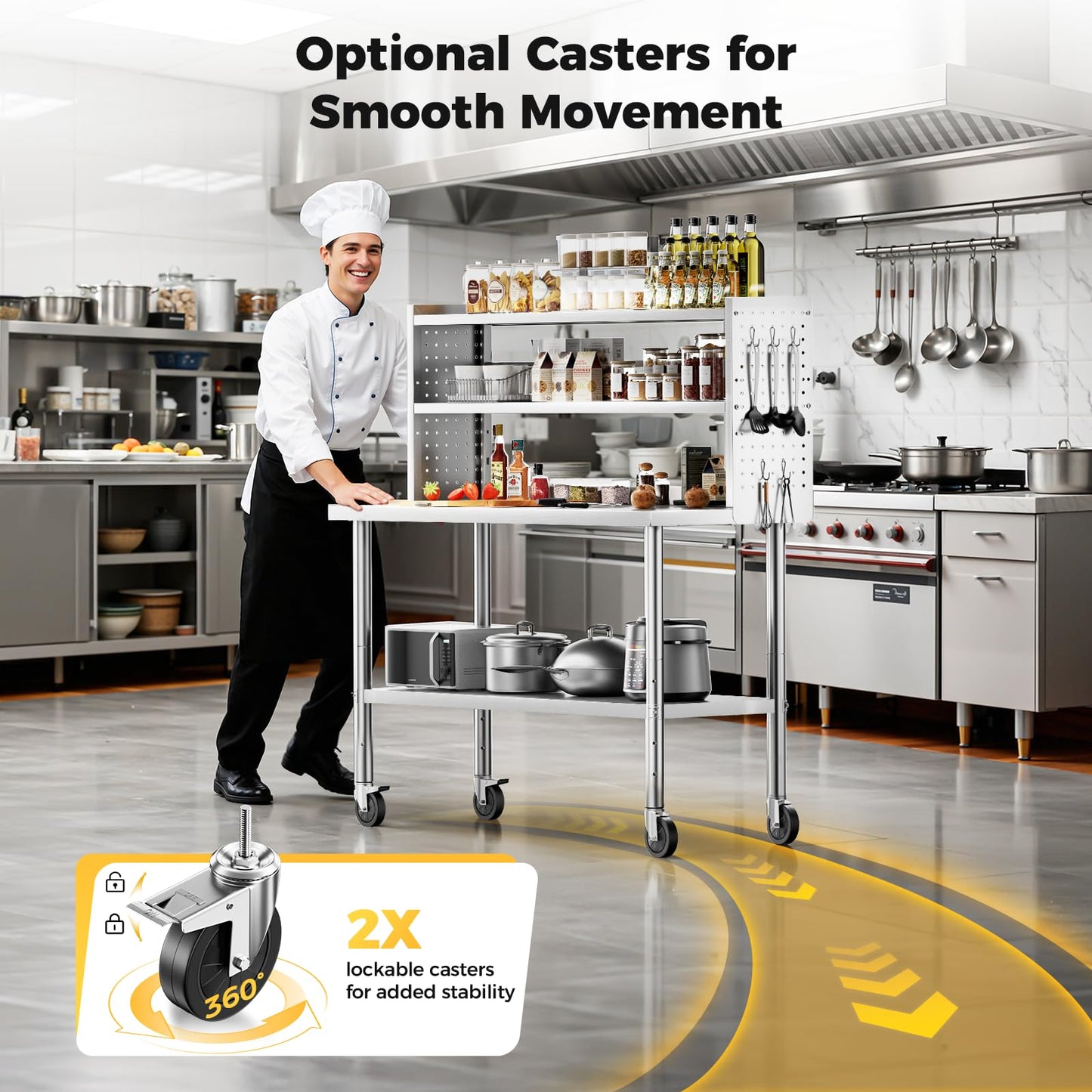 CAMMOO 60x24 in NSF All Stainless Steel Table with Adjustable Shelf & Pegboard Panels & Casters, Kitchen Prep Table Commercial Heavy-Duty Worktable with Large Space Storage for Restaurant Garages