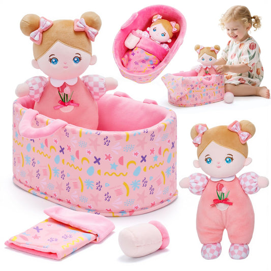 OUOZZZ Baby Doll Accessories with Soft Doll, Bassinet, Blanket and Bottle, Interactive Pretend Playset for Social Emotional Learning, Toy for 2 Year Old Girls