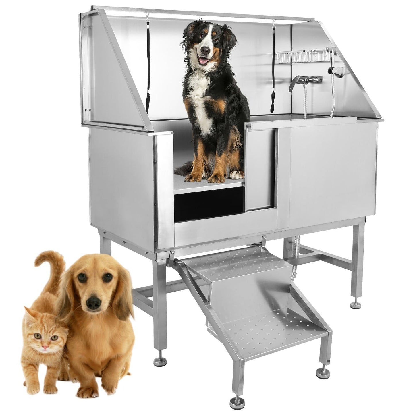 50" Pet Grooming Bathing Station, Professional Stainless Steel Tub W/Removable Ramp, Storage Drawer, Floor Grate, Stairs Faucet for Large, Medium & Small Dogs, Left Door