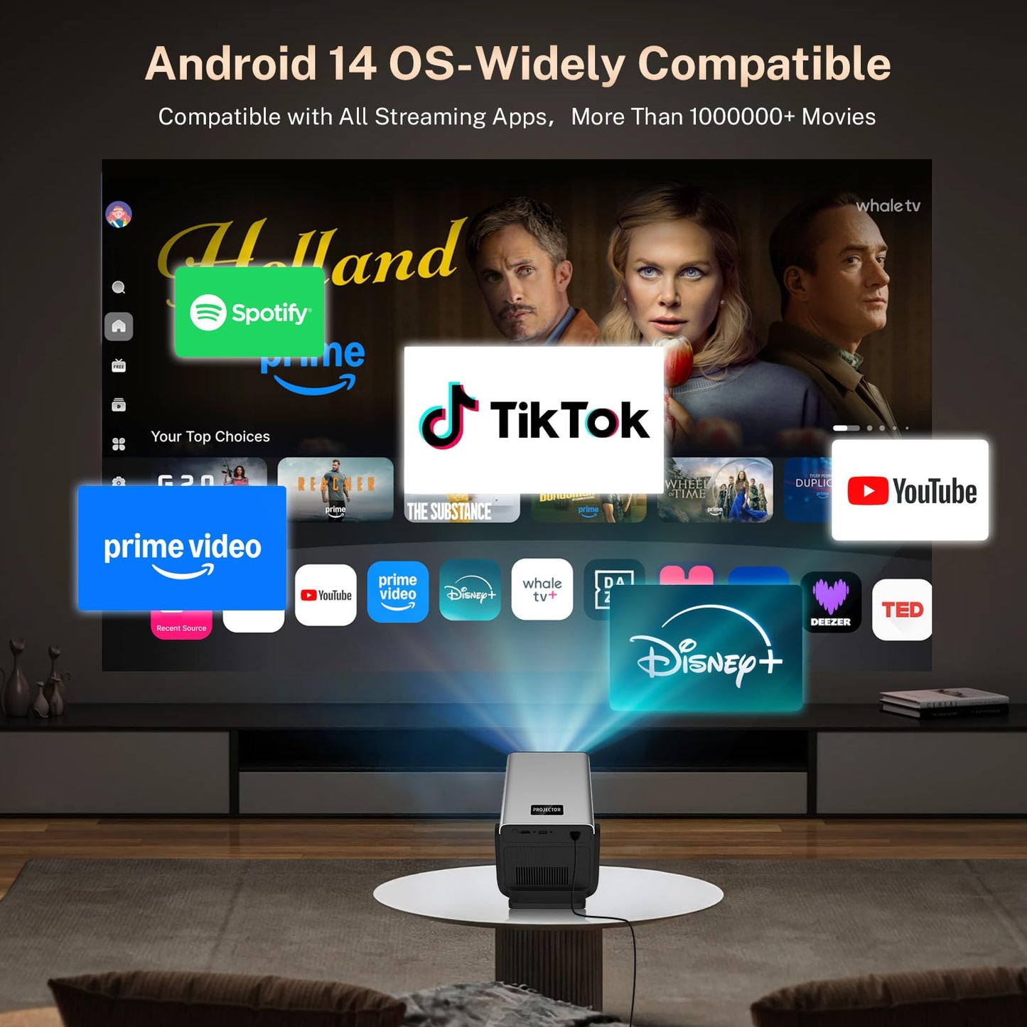 [4K Support/2000 ANSI/AI Visual Calibration] X7 Native 1080P Smart Projector with Android 14 OS,Compatible with Netflix YouTube,AI Auto Focus&Keystone,WiFi,Bluetooth,200" Display Black&Slate Gray