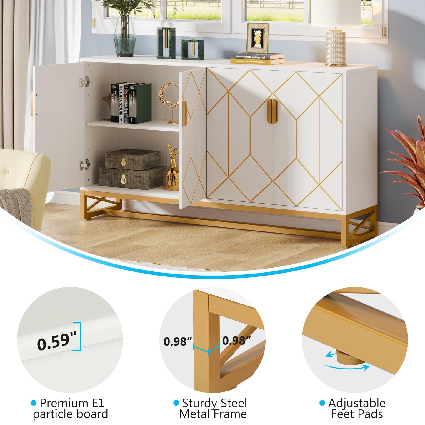 LITTLE TREE Storage Cabinet with Storage Shelves for Living Room, Modern Sideboard Buffets Cabinets Coffee Bar with Gold Metal Frame 4 Doors for Kitchen Dining Room Entryway Bedroom, White