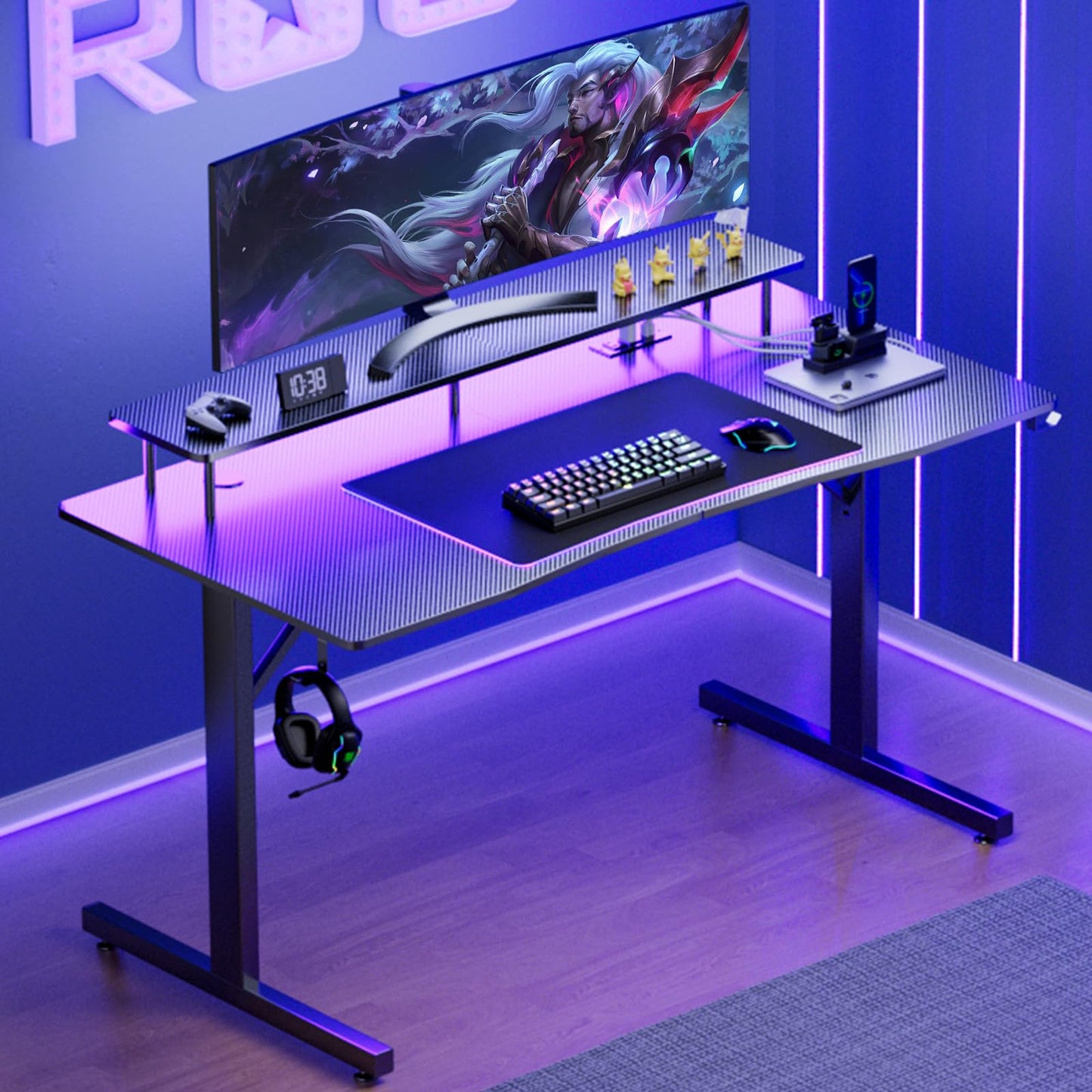GTPLAYER 55 Inch Gaming Desk with LED Lights & Power Outlet, Computer Gamer Desk with Monitor Stand, Ergonomic Carbon Fiber Gaming Table Home Office Desk with Headphone Hook & Mouse Pad