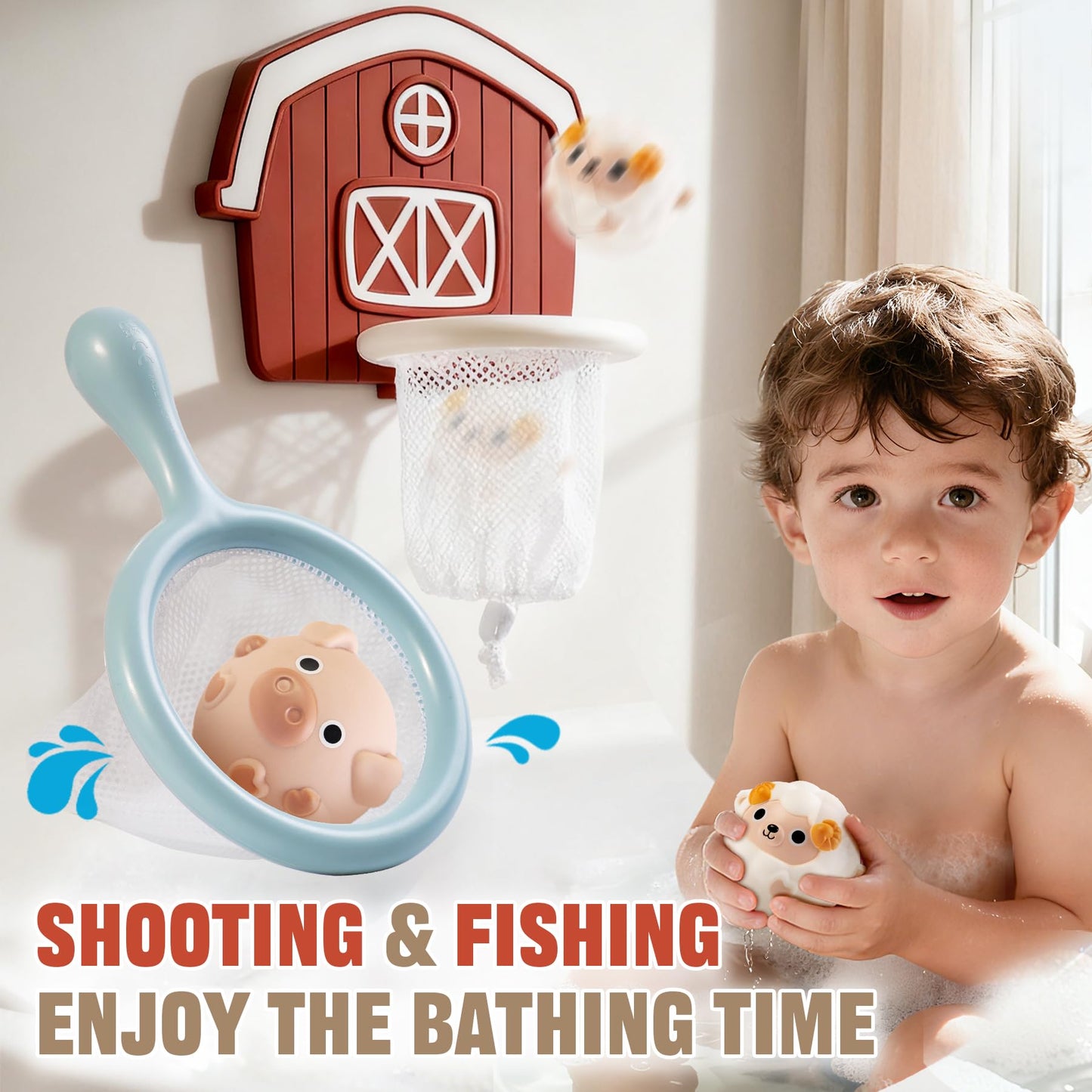 TXTLDB No-Hole Farm Bath Toys for Toddlers 1-3 | Slide, Basketball Hoop & 6 Animal Set | Easy to Clean & Dry Bathtub Play Gifts for Boys Girls