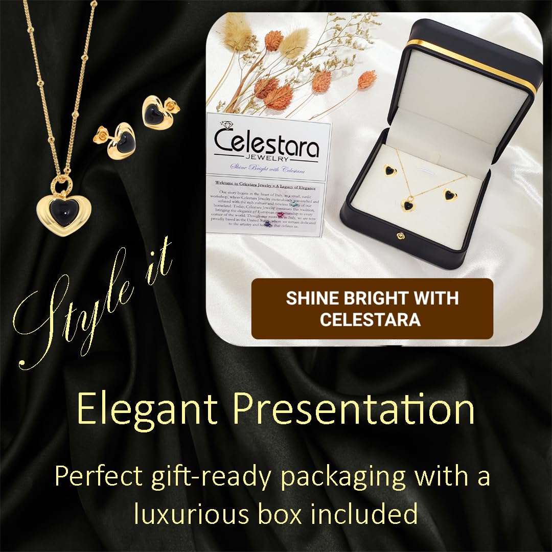 Exquisite Agate Gemstone & Gold-Plated 925 Sterling Silver Vintage Love Heart Jewelry Set Trendy Classic European Design with Pendant and Earrings – Elegant Gift Box Included