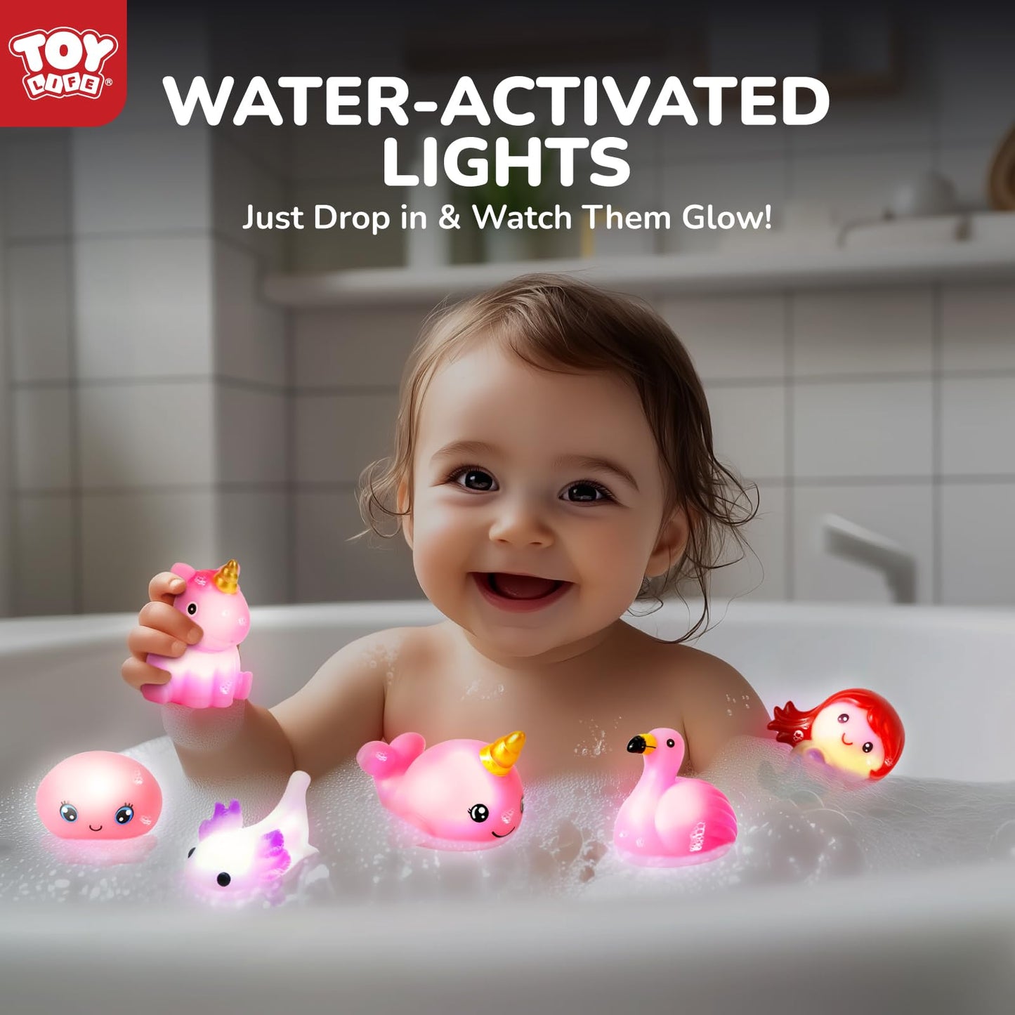 TOY Life 6 PCS Mermaid Light Up Bath Toys for Kids Ages 4-8, No Hole Glow Bath Toys for Kids, Baby Toddler Bath-Time, Bathtub Toys Gifts for Kids Girls Boys, Ideal for Shower, Bathtub, Pool