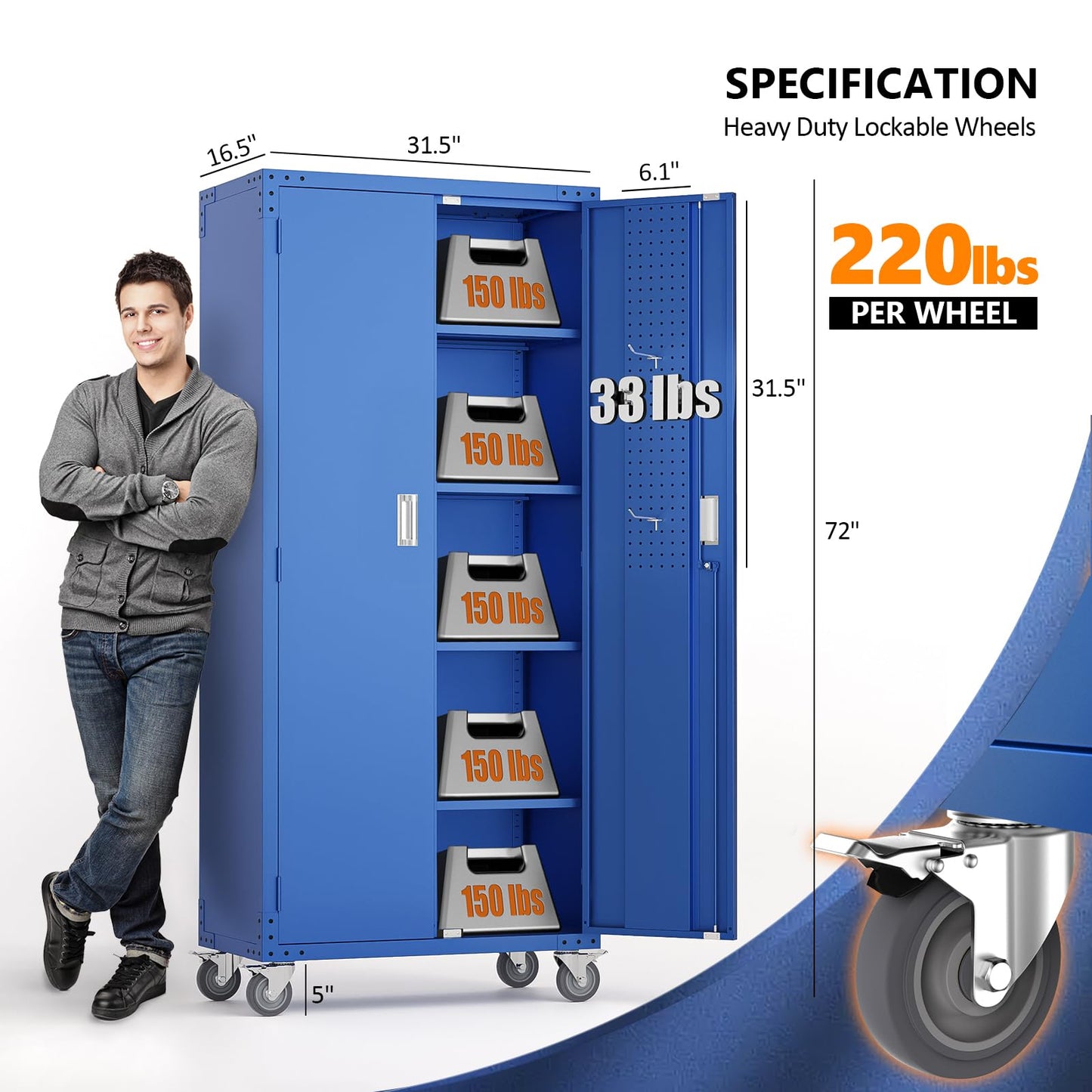 VINGLI 72'' Tall Metal Garage Storage Cabinet with Pegboards, Wheels, Locking Doors and Adjustable Shelves, File Cabinet/Tool Cabinet for Home Office/School (Blue, 32W x 16D x 72H)