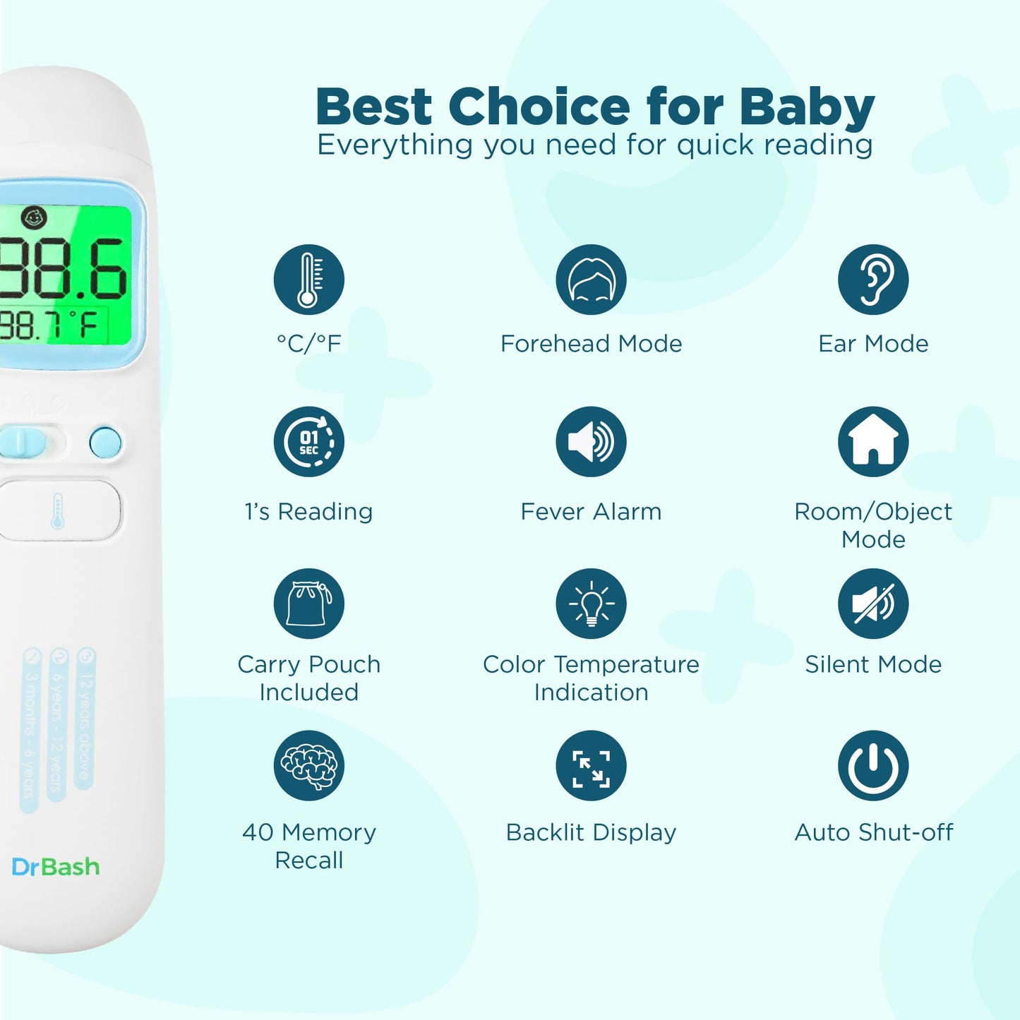 DrBash Thermometer for Adults and Kids, 3-in-1 Infrared Thermometer for Ear, Forehead & Touchless, Fever Digital Baby Thermometer with Fever Alert and Memory Recall