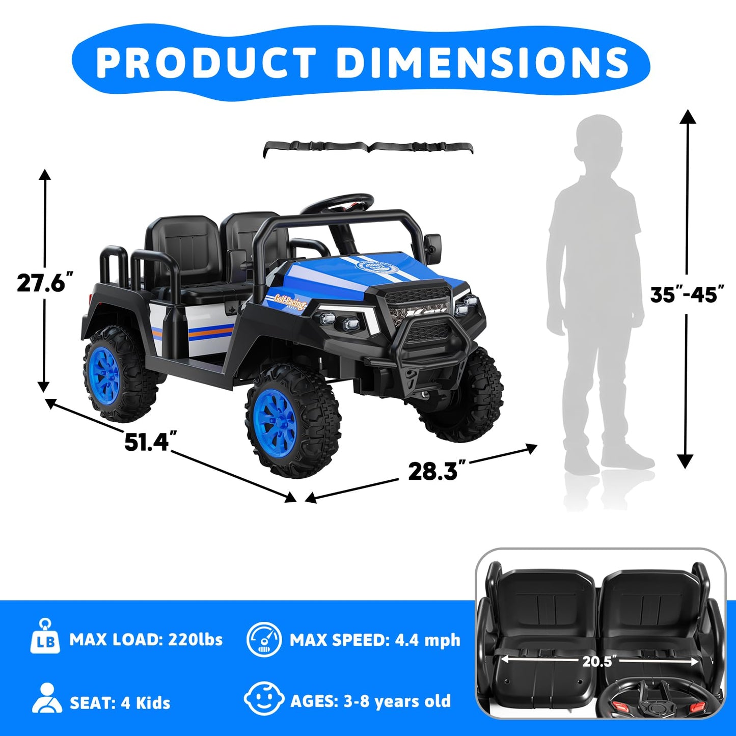 Electric Car for Kids, 24V 4 Seater Ride on Toys w/Parent Remote, 4 Wheeler Suspension, Max 220lbs Weight Capacity, USB, Music, Radio, LED Light, Ride on Truck for Boy/Girl Ages 3-8, Blue