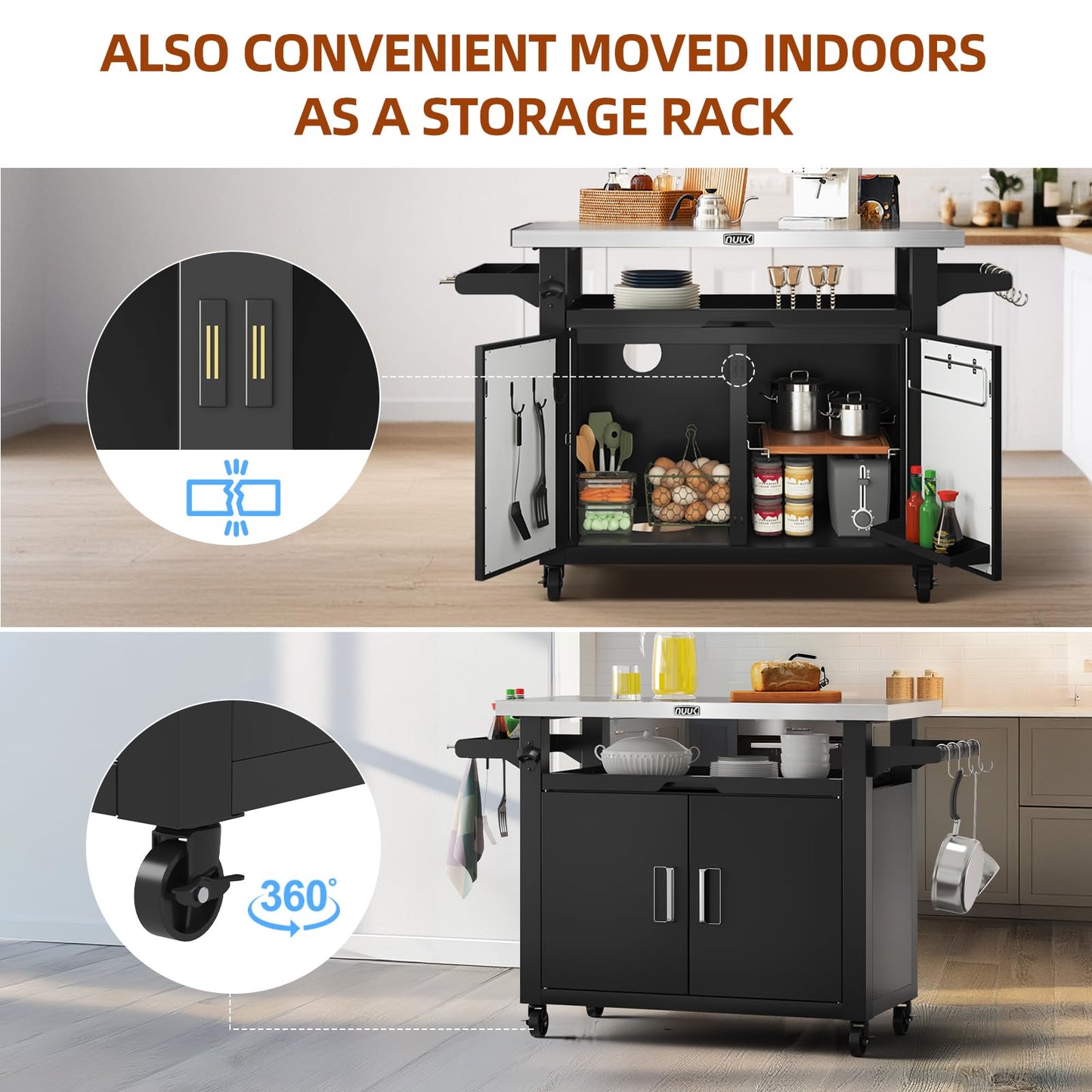 NUUK Outdoor Grill Cart with Storage Cabinet Metal Kitchen Island Prep Table with Movable Universal Wheels and Stainless Steel Top