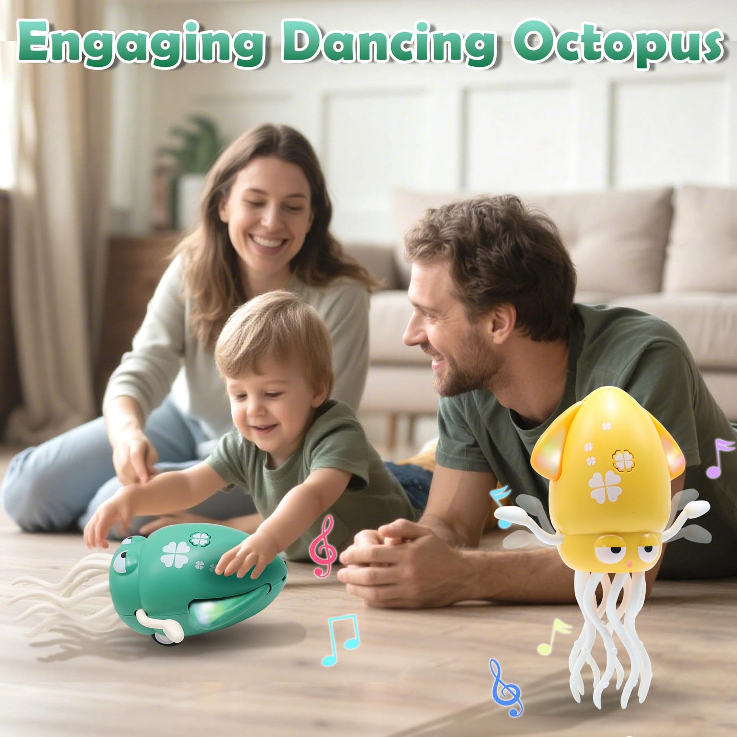 Pbooo Magic Dancing Octopus Toy, Electric Crawling with LED Lights and Music, Rechargeable Music Squid Baby Toy for 1-6 Year Olds, Tummy Time and Toddler Walking Toy, Birthday Gift, Green