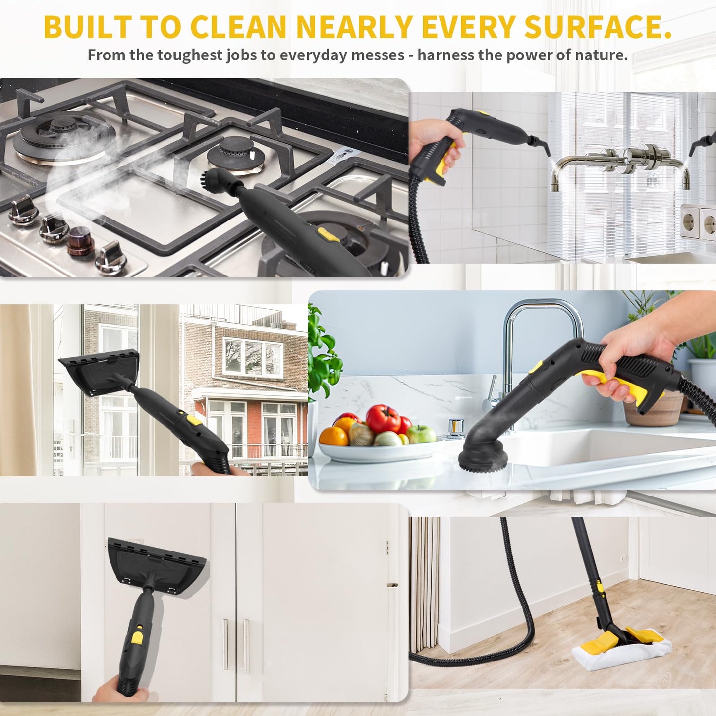 Steam Cleaner, 2000W Portable Household Steamer, 20 Accessories Included Multipurpose Steam Cleaner for Floors, Appliances,Kitchen,Playground,Car (Yellow)