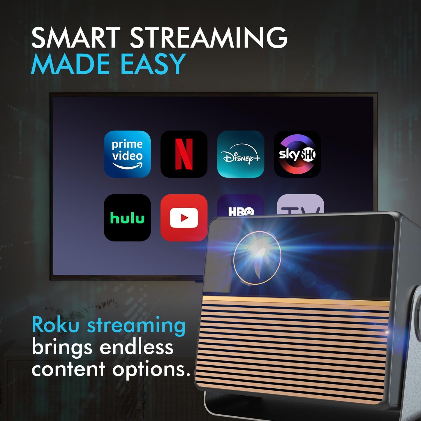 RCA Smart mini projector | 1080P Portable Projector with Wifi and Bluetooth | Movie Projector with Tilt Stand | Adjustable Screen Size