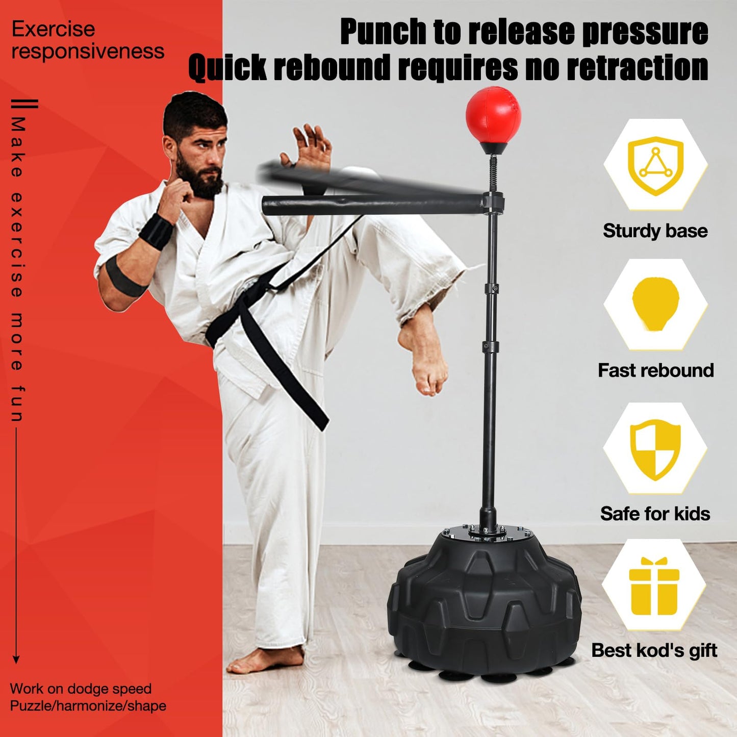 Solid Reflex Bag Boxing Speed 45-80in Trainer Punching Bag Spinning Bar Training Boxing Ball with Reflex Bar Free Standing Adjustable Height for Adult Youth Red