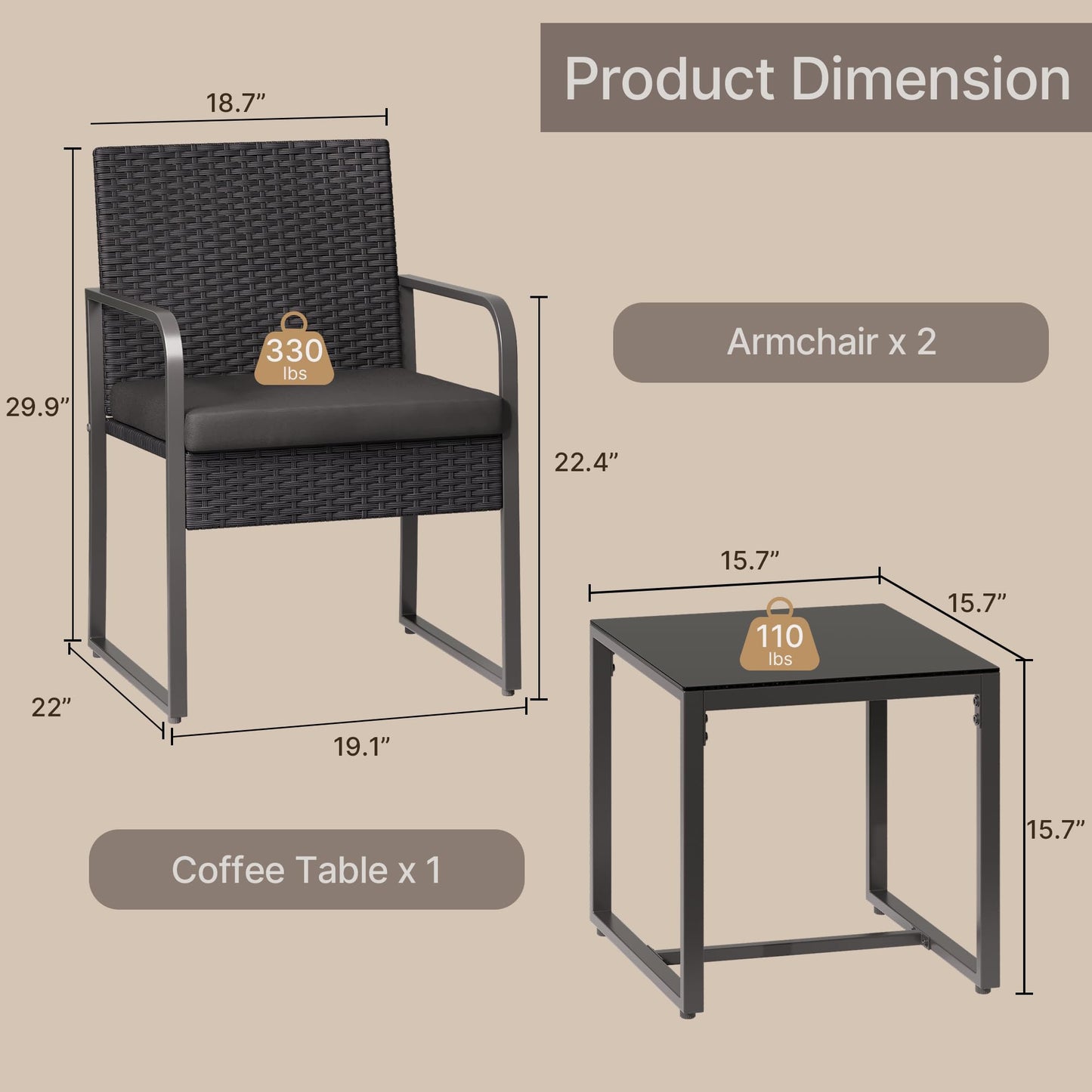 Gizoon 3 Pieces Patio Bistro Sets, Outdoor Rattan Conversation with Glass Table, Wicker Furniture Set with Cushion, for Backyard, Porch, Poolside, Lawn, Black