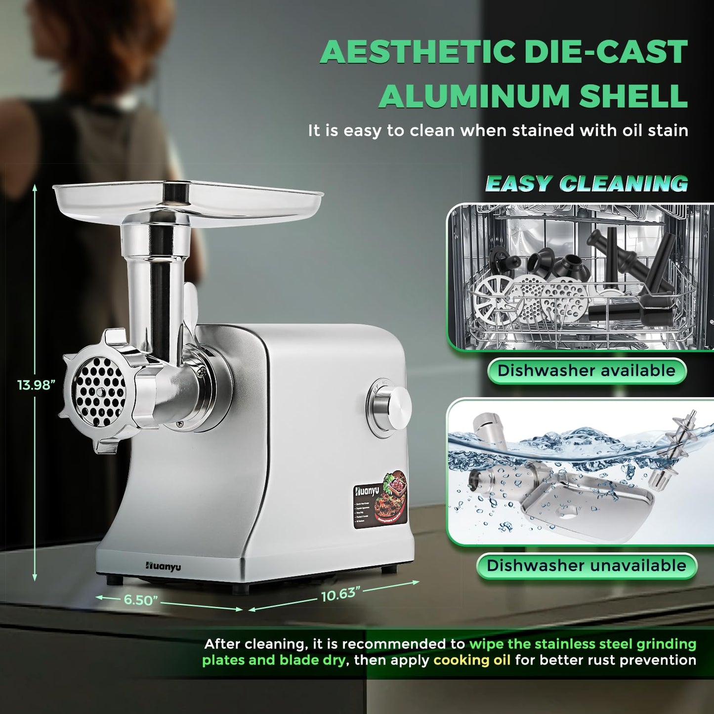Huanyu Electric Meat Grinder Sausage Maker Machine 2800W Max Heavy Duty with Stainless Steel Blade&3 Grinding Plates, Sausage Stuffer Tubes & Kubbe Kit for Home Kitchen Using