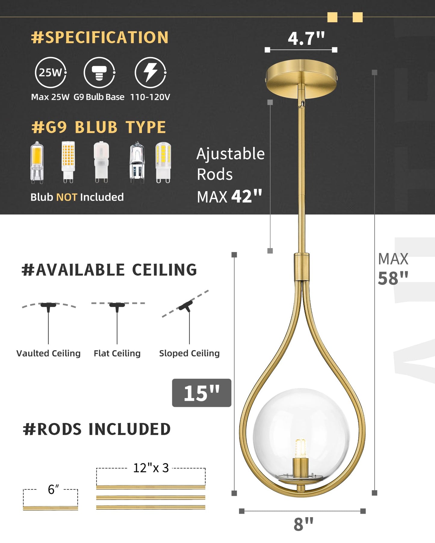 AUTELO 2 Pack Gold Pendant Lights, Hanging Lamp in Brushed Gold Finish with Clear Globe Glass, Mid Century Pendant Lights Kitchen Island with Adjustable Rods for Kitchen H9377 CLBG-2PK