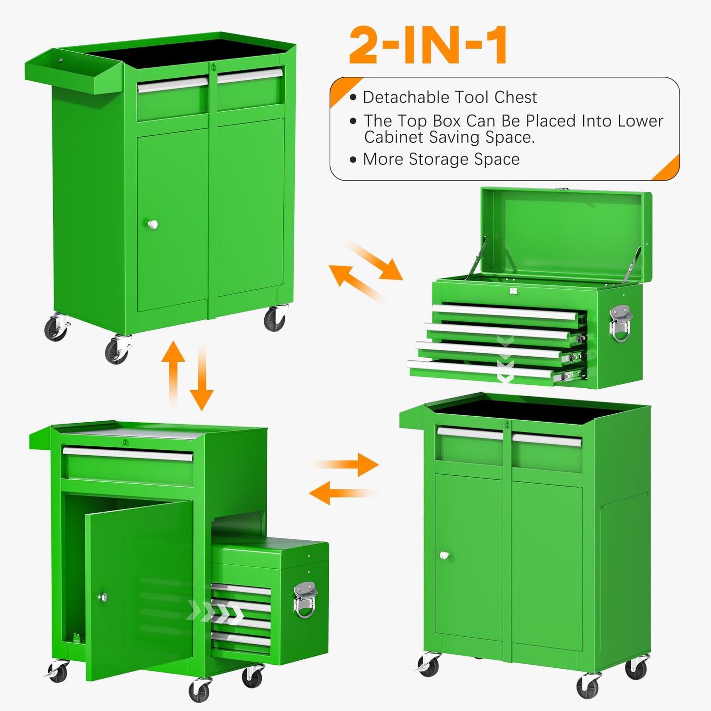 INTERGREAT 5-Drawer Rolling Tool Chest with Detachable Top Tool Box, Universal Lockable Wheels, Metal Tool Chest for Garage, Workshop, Barbershop (Green)