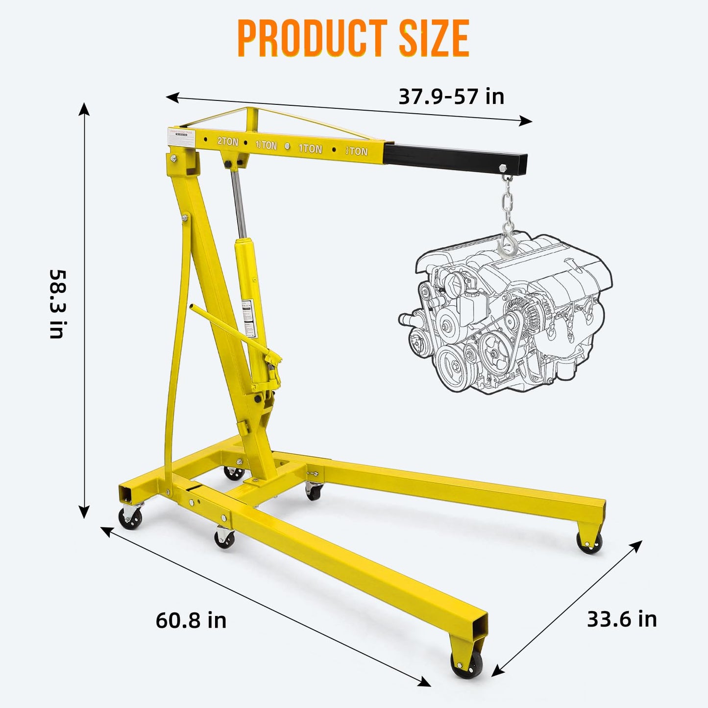 2 Ton Engine Hoist, Hydraulic Cherry Picker Engine Crane, Heavy Duty Folding Shop Crane with 6 Casters, Engine Lift for Garage, Workshop, Yellow