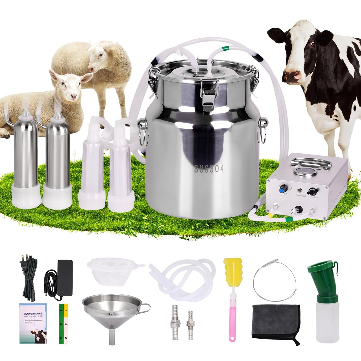 PKNYBZN 8L Milking Machine, Adjustable Suction Pulsation Vacuum Electric Milker, 2-in-1 Milking Machine with 304 Stainless Steel Buckets for Cows and Goats