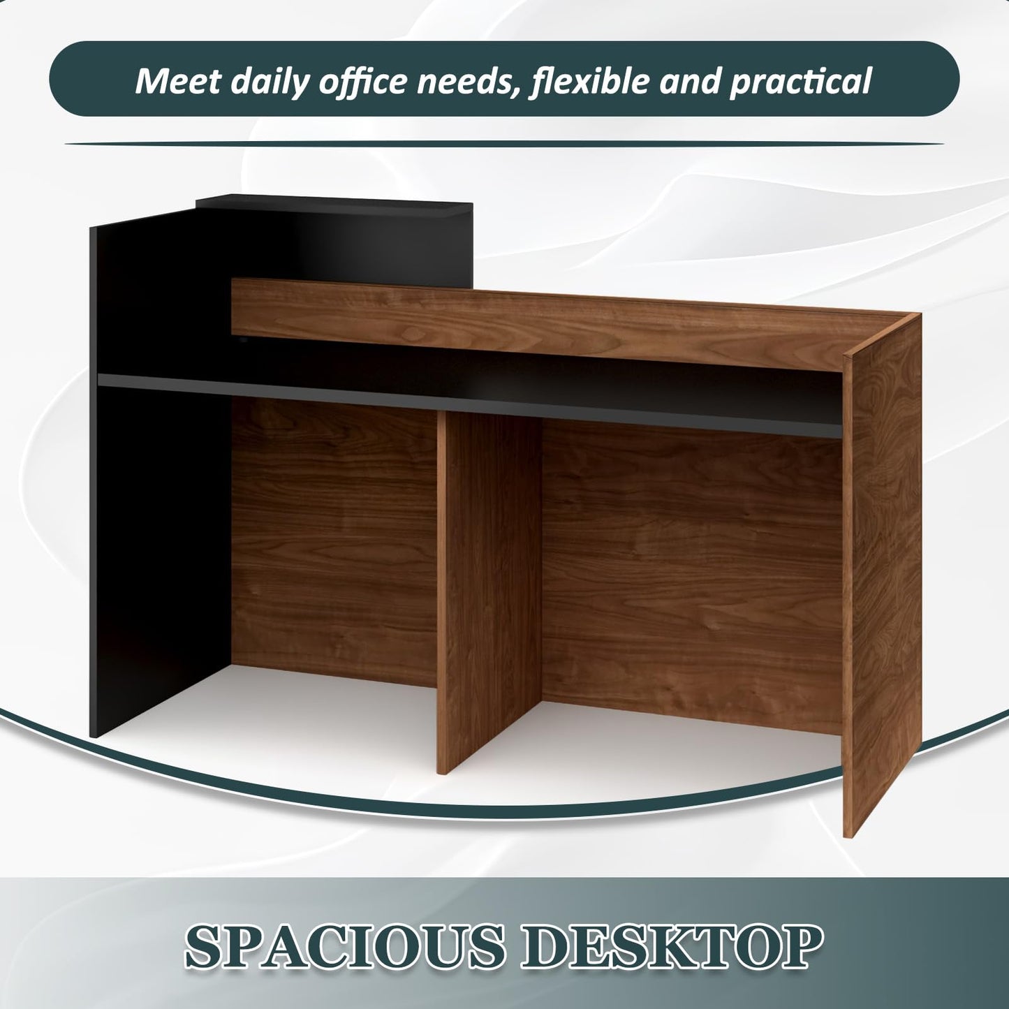 YTElantivo 63″ L-Shaped Reception Desk with Counter – Modern Office Front Desk for Salon, Clinic & Retail, Spacious Workstation, Easy Assembly, Black-Brown Receptionist Desk