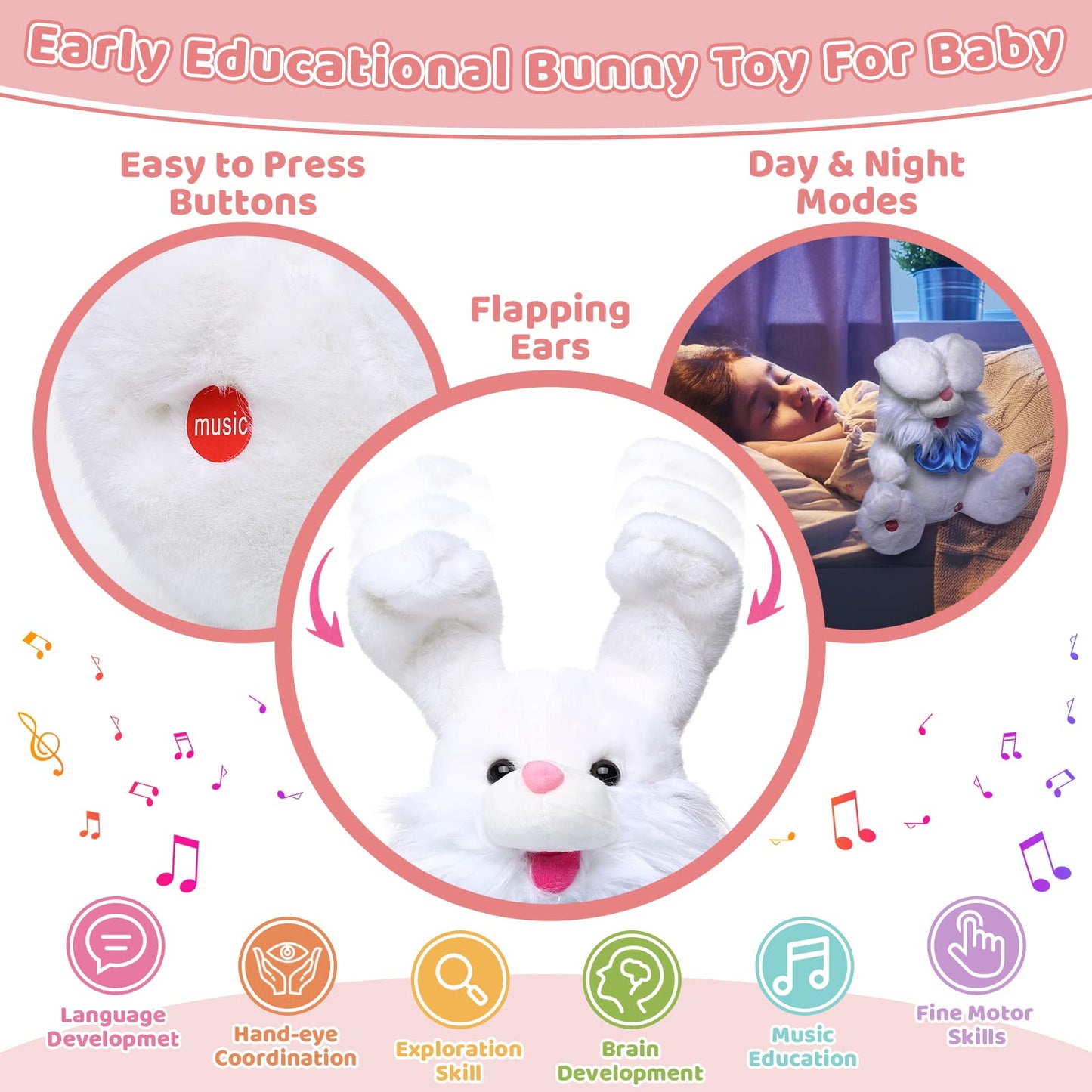 Emoin Easter Bunny Stuffed Animals Bunny Plush Baby Toys Bunny Peek-A-Boo Toys Repeats What You Say Singing with Floppy Ears Birthday Gift for Toddler 7 8 9 10 11 Months 1-2 Year Old（White）