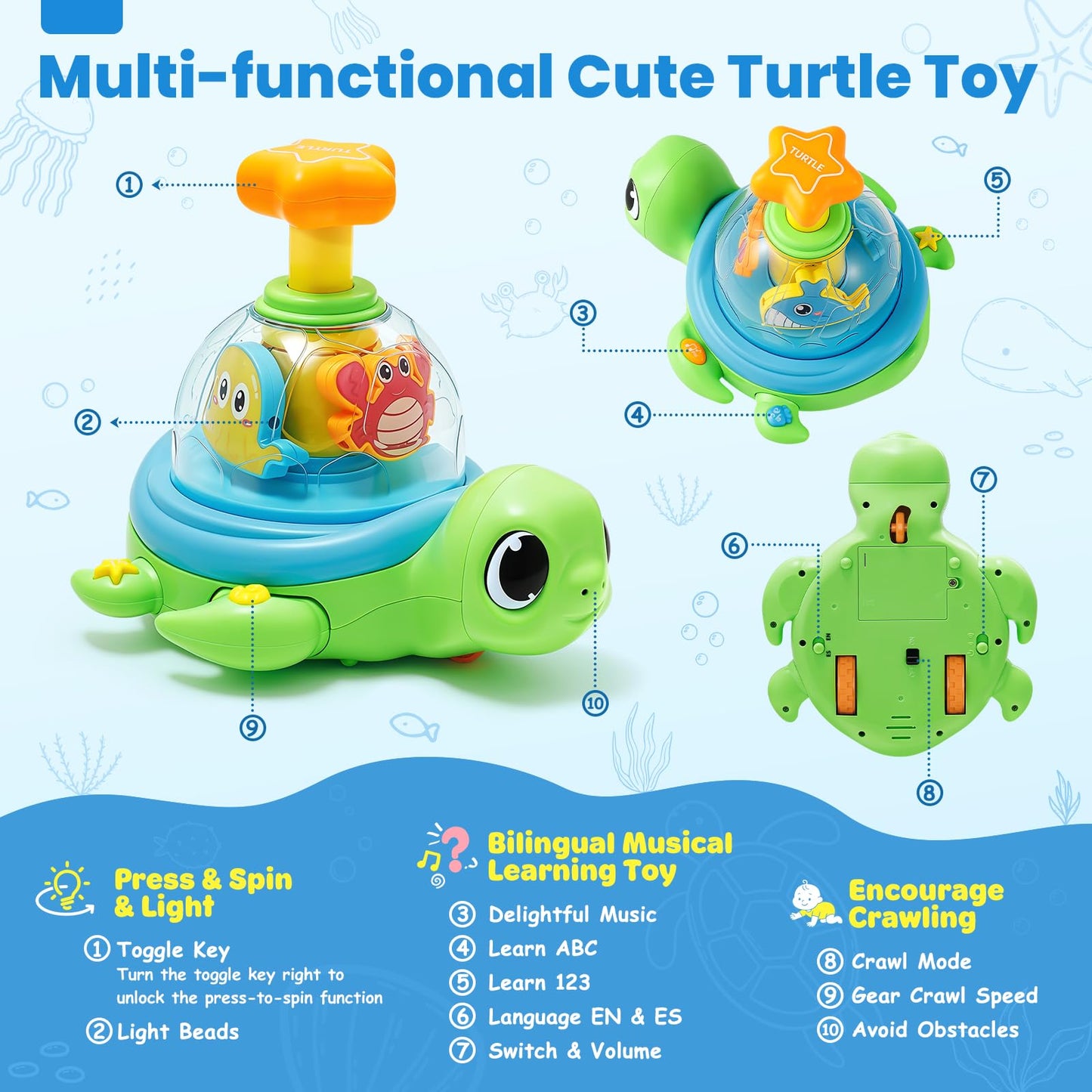 Baby Crawling Toys 6-12 Months, Musical Light-up Toys for 1 Year Old, Press to Spin Turtle for Cause and Effect, Infant Tummy Time Early Learning, Christmas Birthday Gifts Boy Girl 7 8 9 10 11 Month