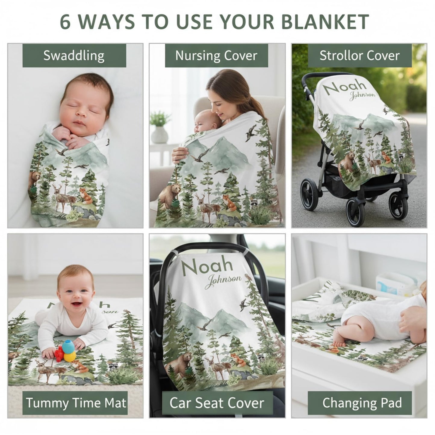 Personalized Woodland Baby Blanket with Name, Custom Name Blanket for Boy, Printed in USA, Super Soft Blankets for Newborn, Customized Gifts for Baby Shower Birthday Christmas
