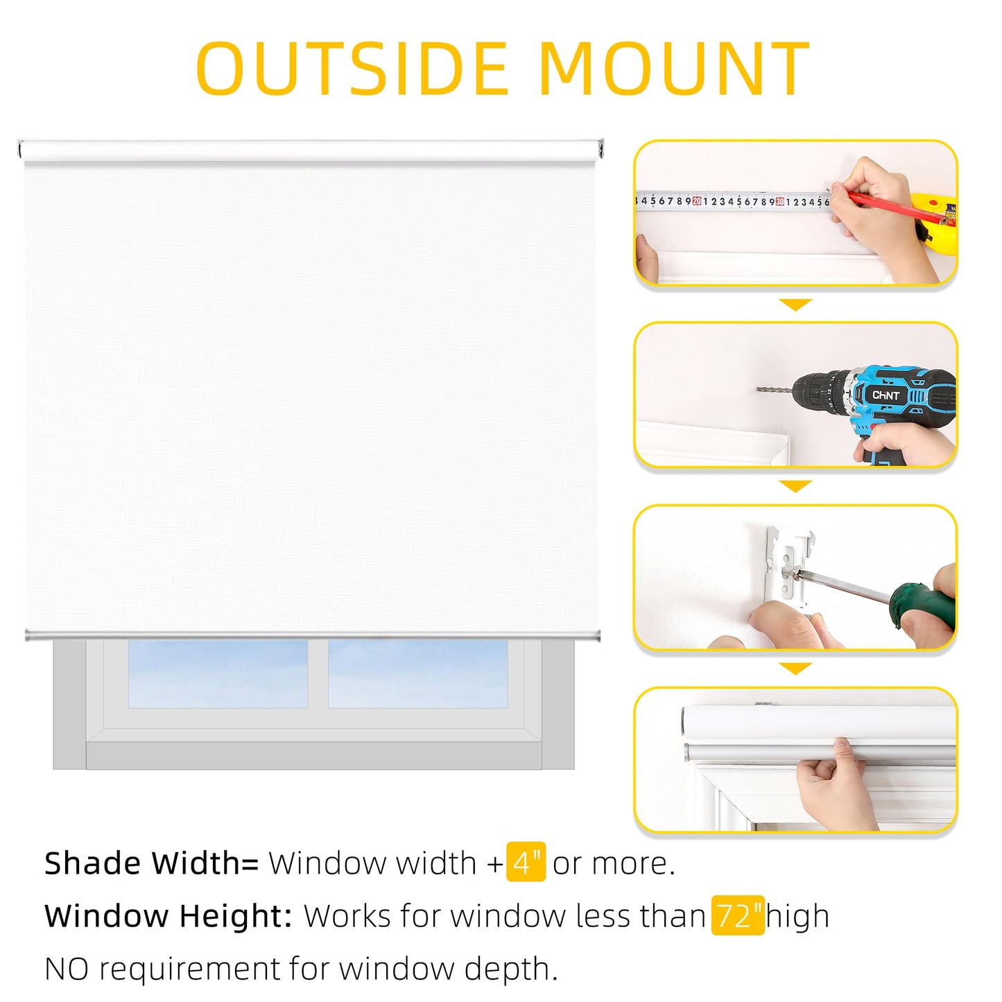 ChrisDowa Cordless 100% Blackout Roller Shade, with Striped Jacquard, Thermal Insulated, UV Protection Fabric, Total Blackout Blinds for Window, French Doors, Home and Office. White, 36" W x 72" H