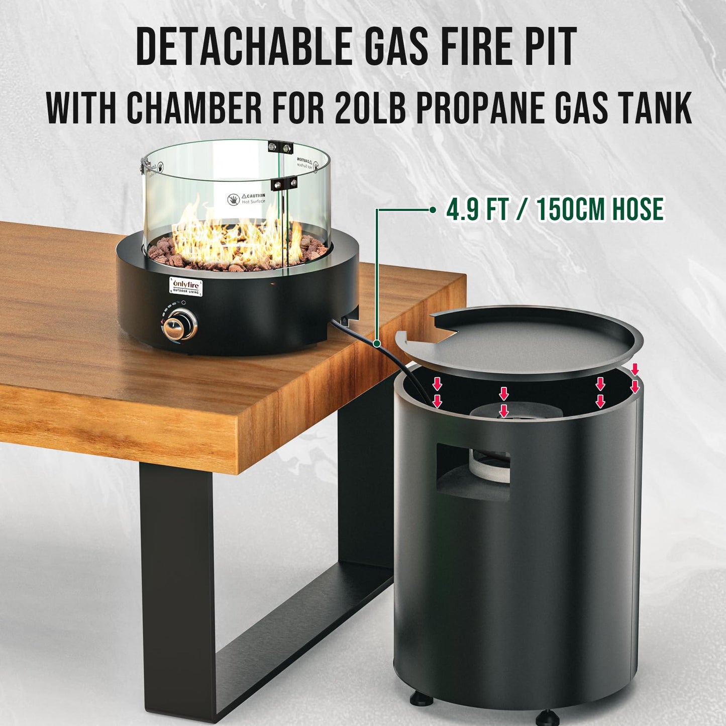 ONLYFIRE OUTDOOR LIVING Detachable Gas Fire Pit with Lava Rocks, Glass Shield & Wheels, Smokeless Propane Firepit with Hose for Patio Backyard Camping RV Tailgating Restaurant Beach, Round, FP034