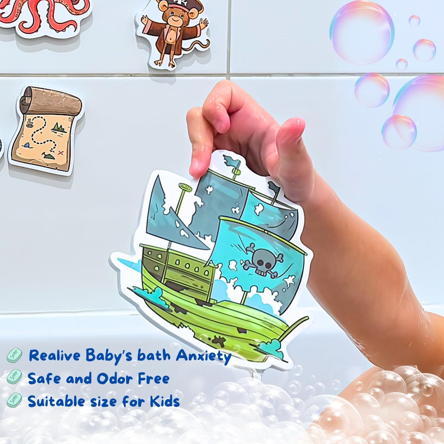 NUBUNI Foam Bath Toys with Storage Bag | Baby Bath Stickers | Shower Toys | Bathtub Toys | Bath Wall Toy Pirates Treasure Island Foam