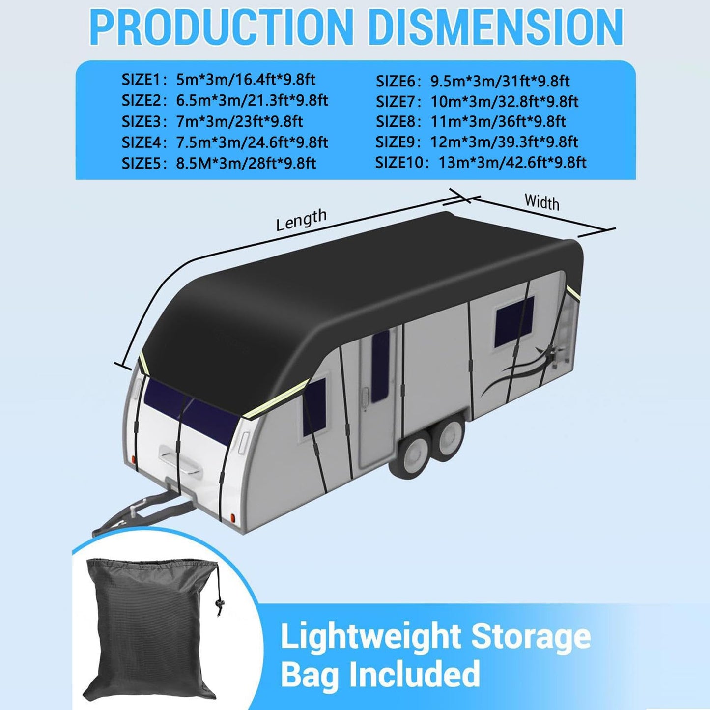 HFKJway 210D Oxford Travel Trailer Cover - Foldable, Easy to Clean Class C Rv Utility Cover, Black - 13m×3m