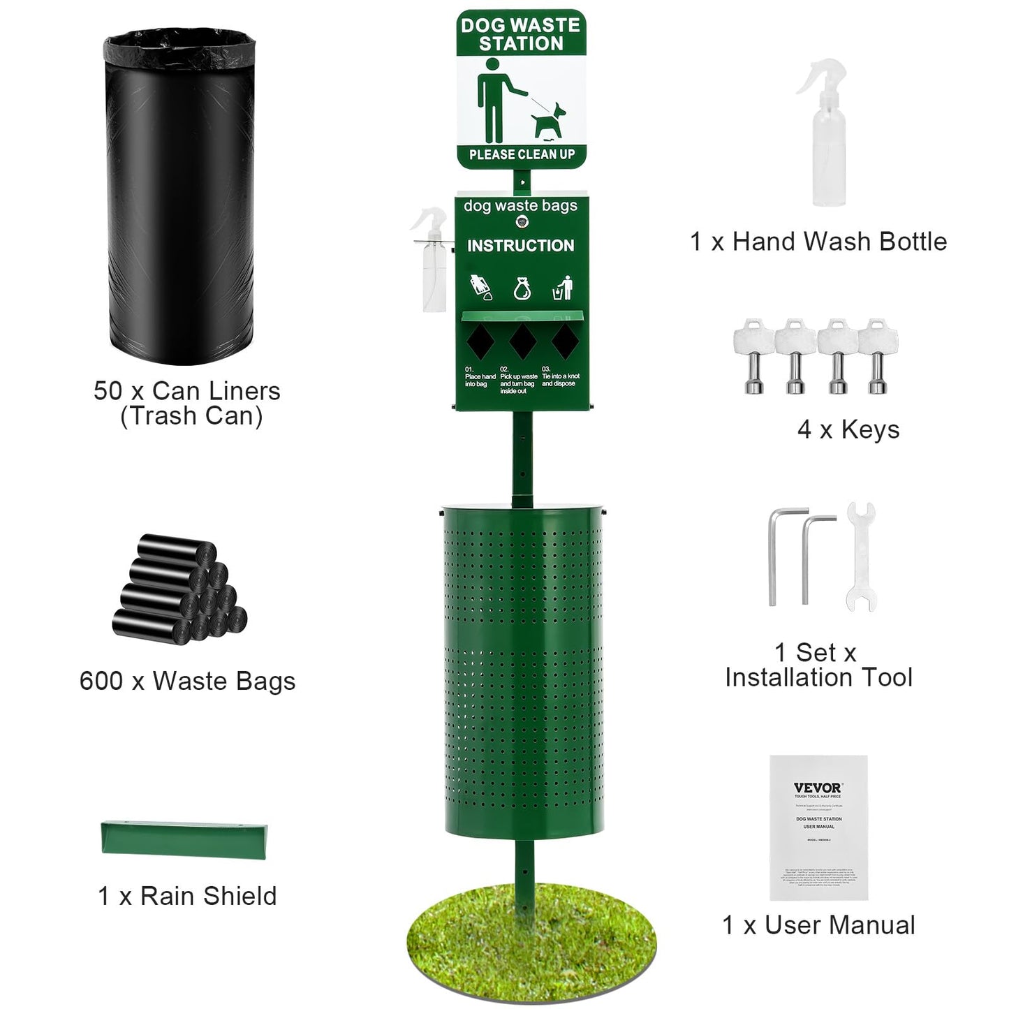 VEVOR Dog Waste Station with Hand Wash Bottle, 11.5 Gallons Pet Waste Bin with 50 Can Liners, Bag Dispenser & 600 Waste Bags, Outdoor Dog Waste Disposal System for Backyard
