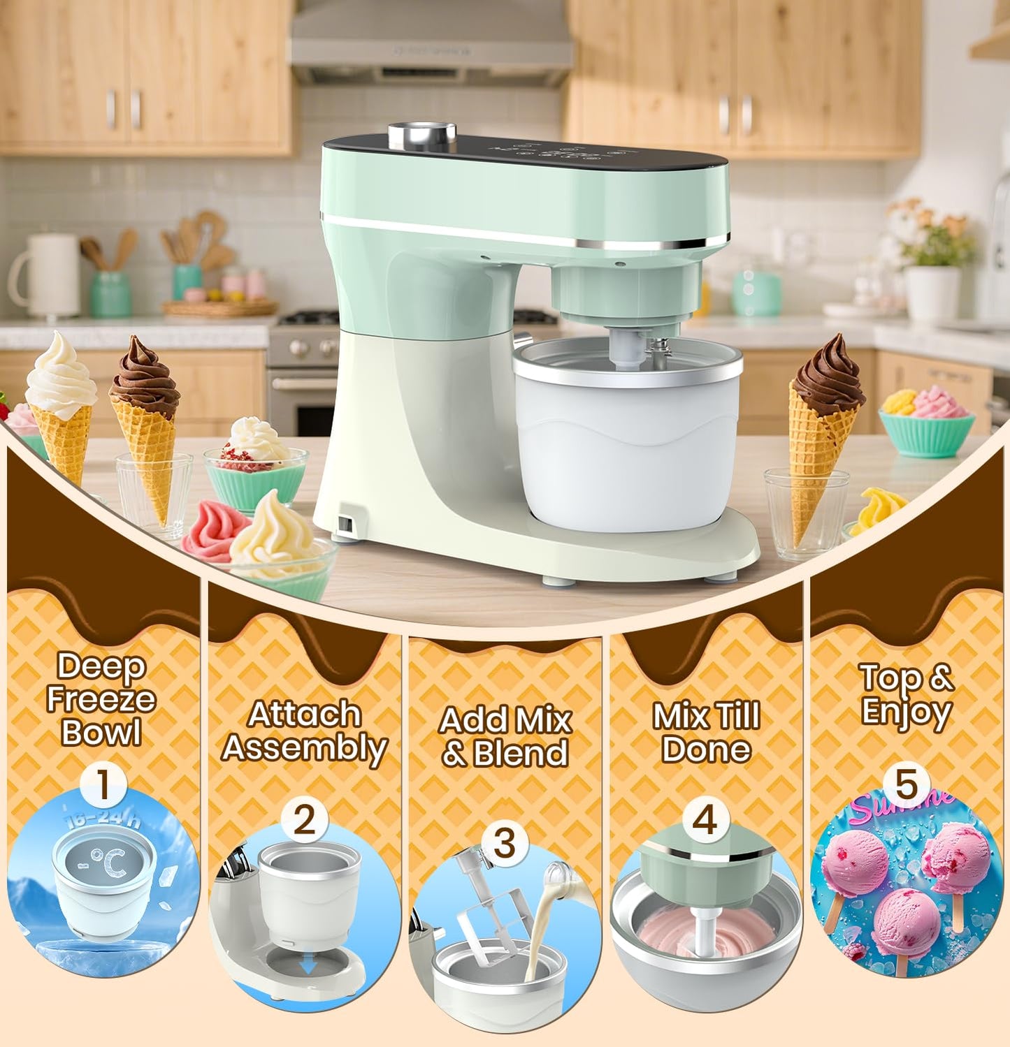 Bonnor Stand Mixer Set, 6QT Kitchen Mixer with LED Touchscreen, 11-Speed Tilt-Head Mixer with Timer, 4 Preset Menus, Stainless Steel Bowl, Dough Hook, Whisk, Beater,Plus 2QT Ice Cream Maker Attachment
