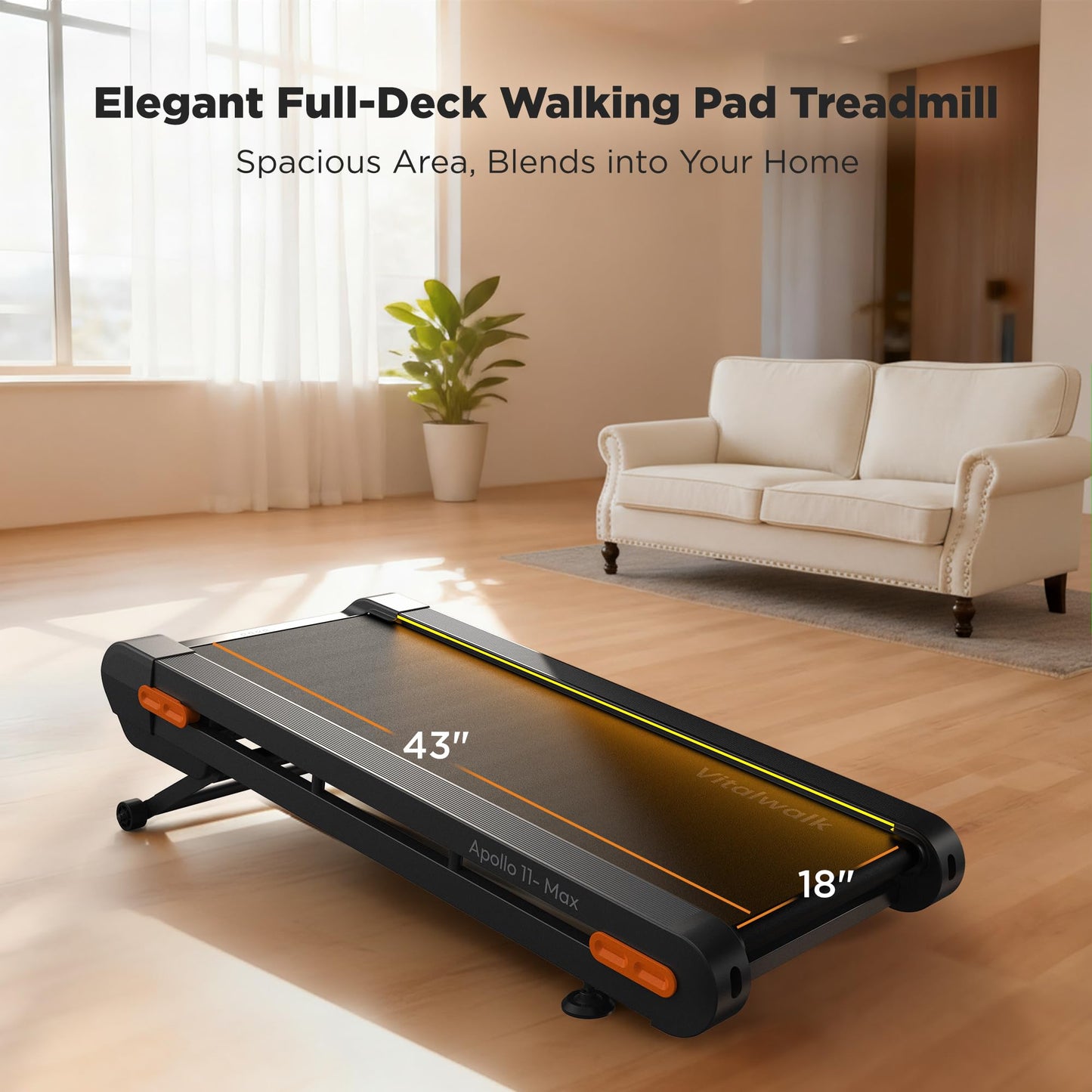 Walking Pad Treadmill with Incline, Full Deck, Auto Incline 12%-20%, 400/350lbs Capacity, Vitalwalk Compact Under Desk Treadmills for Home Office, 3.0HP Brushless, Vertical Store, Apollo 11 Max