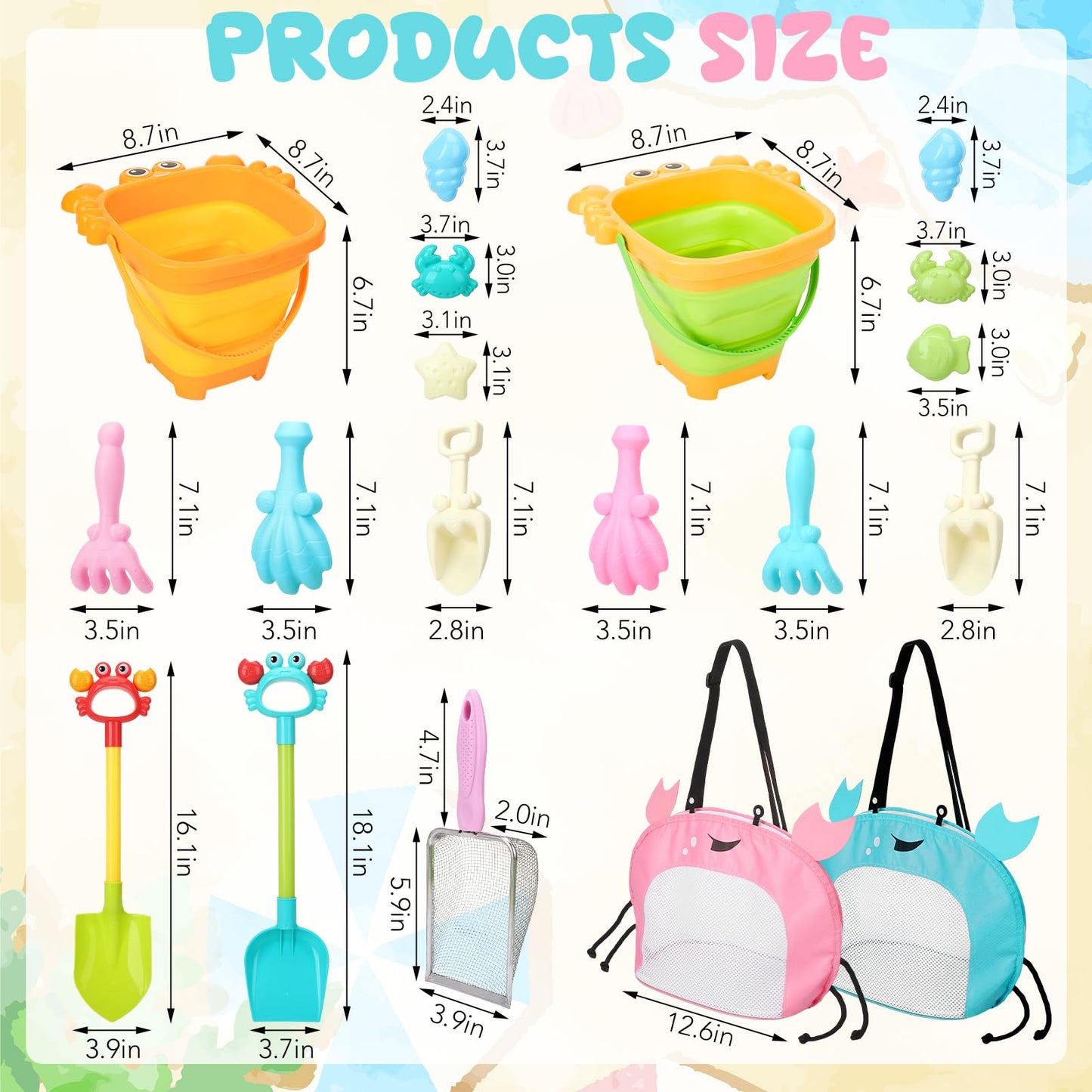 Guiqulai Summer Beach Toys Set for Kids Collapsible Sand Bucket Shovels Crab Molds Mesh Bag Outdoor Sandbox Water Play Toys for Boys Girls Travel Essential