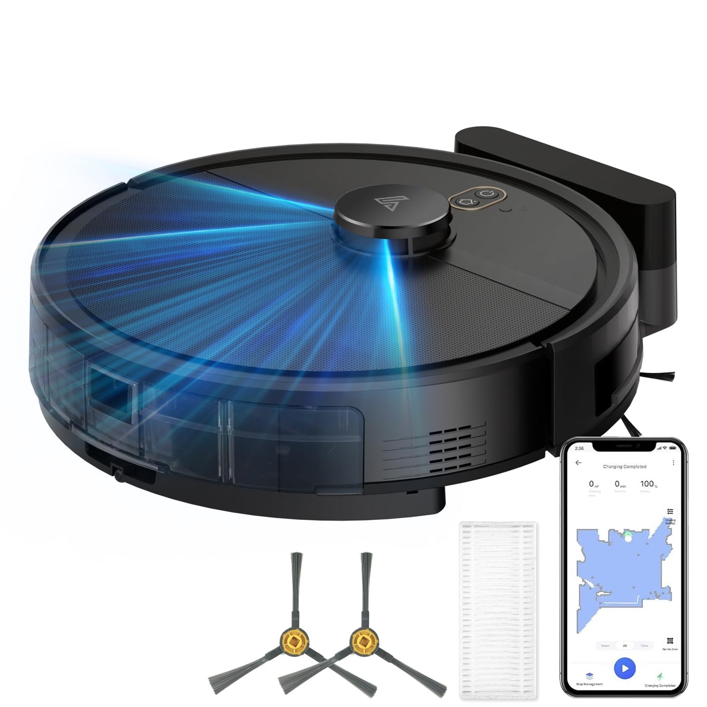 Robot Vacuum and Mop Combo, Robotic Vacuums with LiDAR Navigation, Smart Mapping, Strong Suction, with WiFi/App/Alexa/Voice Control, Obstacle Avoidance, for Home, Wood/Hard Floors, Pet Hair Black