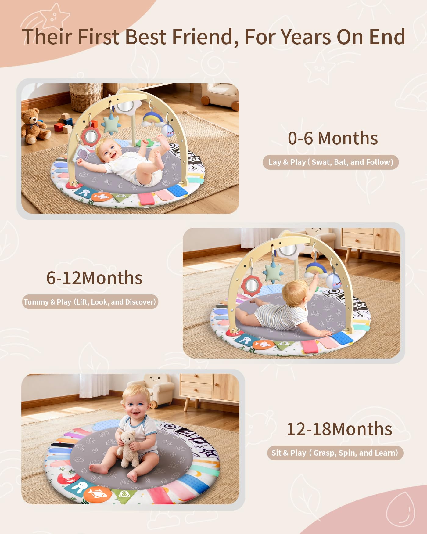 Baby Play Gym Activity Mat, WOOD CITY Tummy Time Play Mat for Babies 0-6 Months with 6 Detachable Newborn Infant Toys, Promote Motor Skills & Sensory Development Baby Essentials Gift