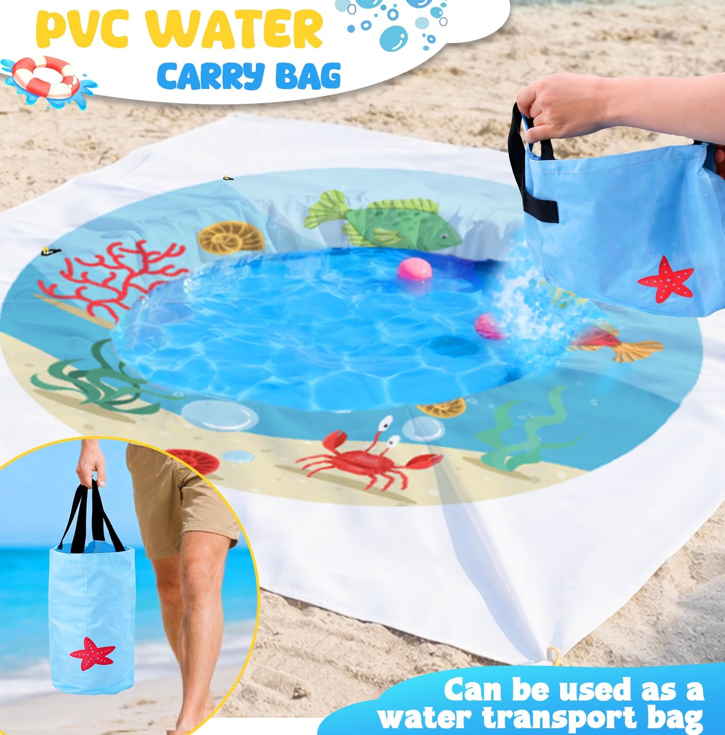 Baby Beach Pool，Kiddie Pool and Beach Blanket，2 in 1 Toddler Paddling Pool，Beach Toys for Infant Kids Boys and Girls with Portable Water Bag