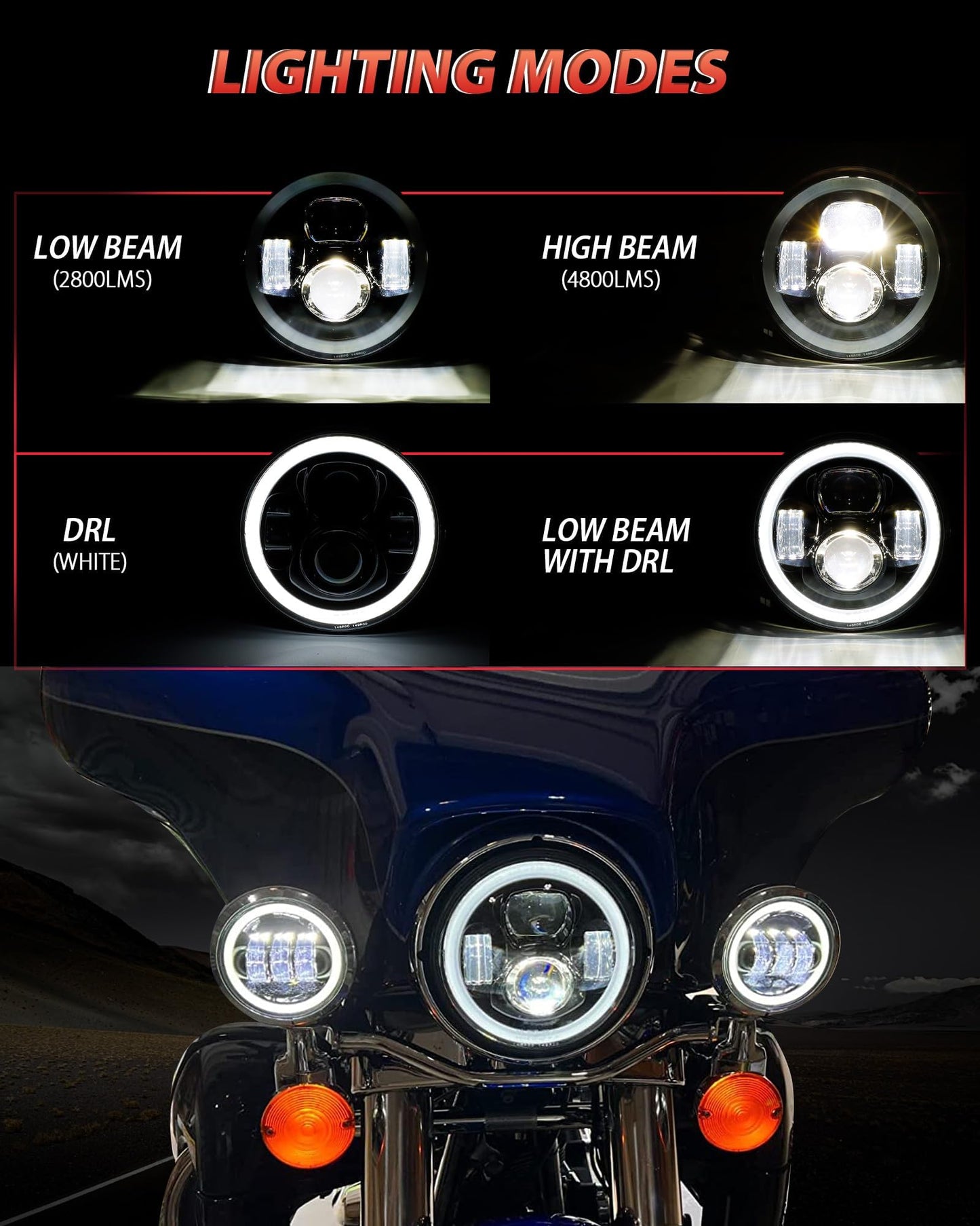 XPCTD 7 Inch Motorcycle LED Headlight 4.5" Fog Passing Lamps DOT Kit Compatible with Harley Davidson Street Glide Road King Electra Glide Fatboy Ultra Classic Heritage Softail Slim Deluxe