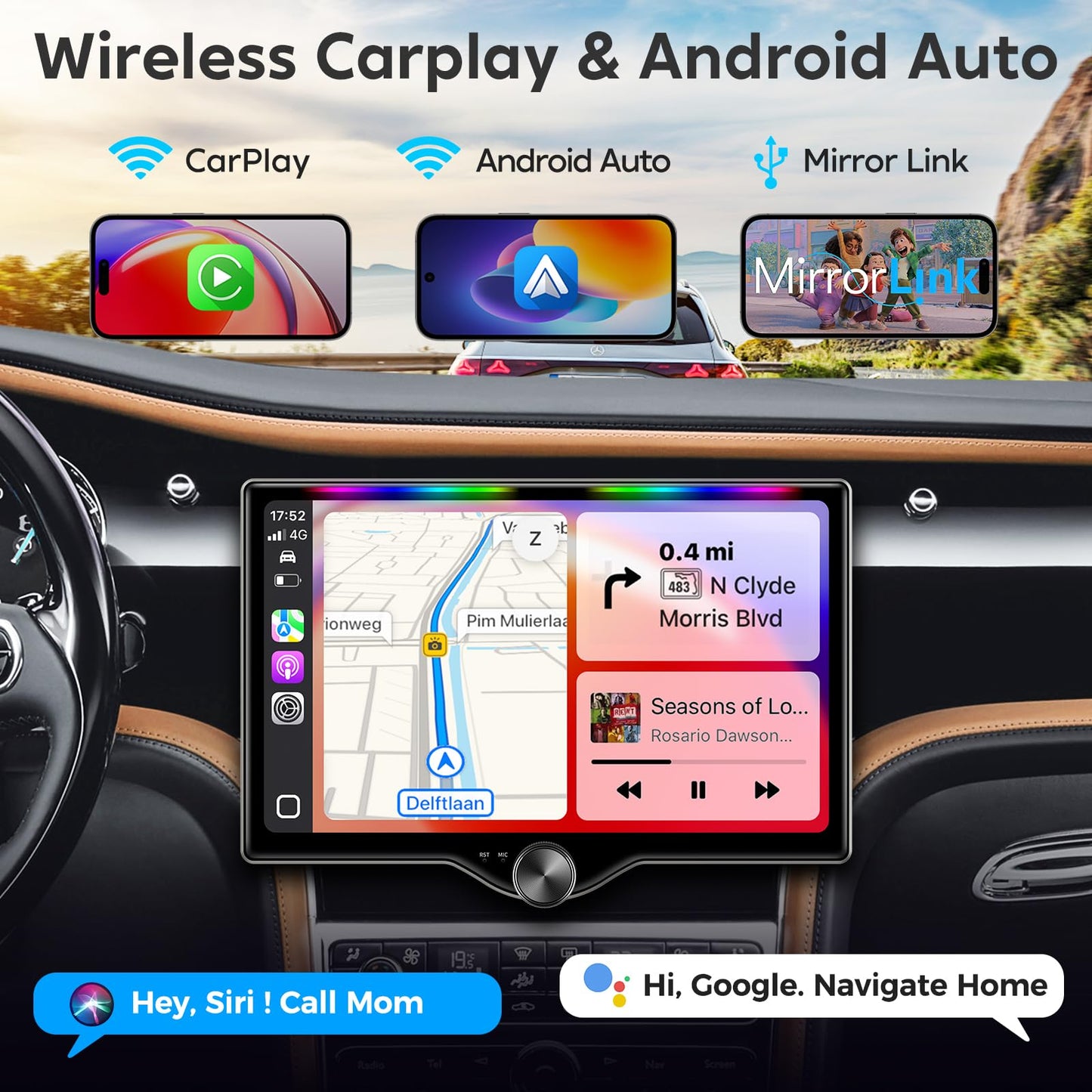 Kissound 10.1" QLED Double Din Car Stereo with Wireless Carplay & Android Auto, Music Sync Luminous Bar, SWC, Bluetooth, Backup Camera, 240W, Dual Subwoofer Output, Car Radio, Navigation, FM/AM