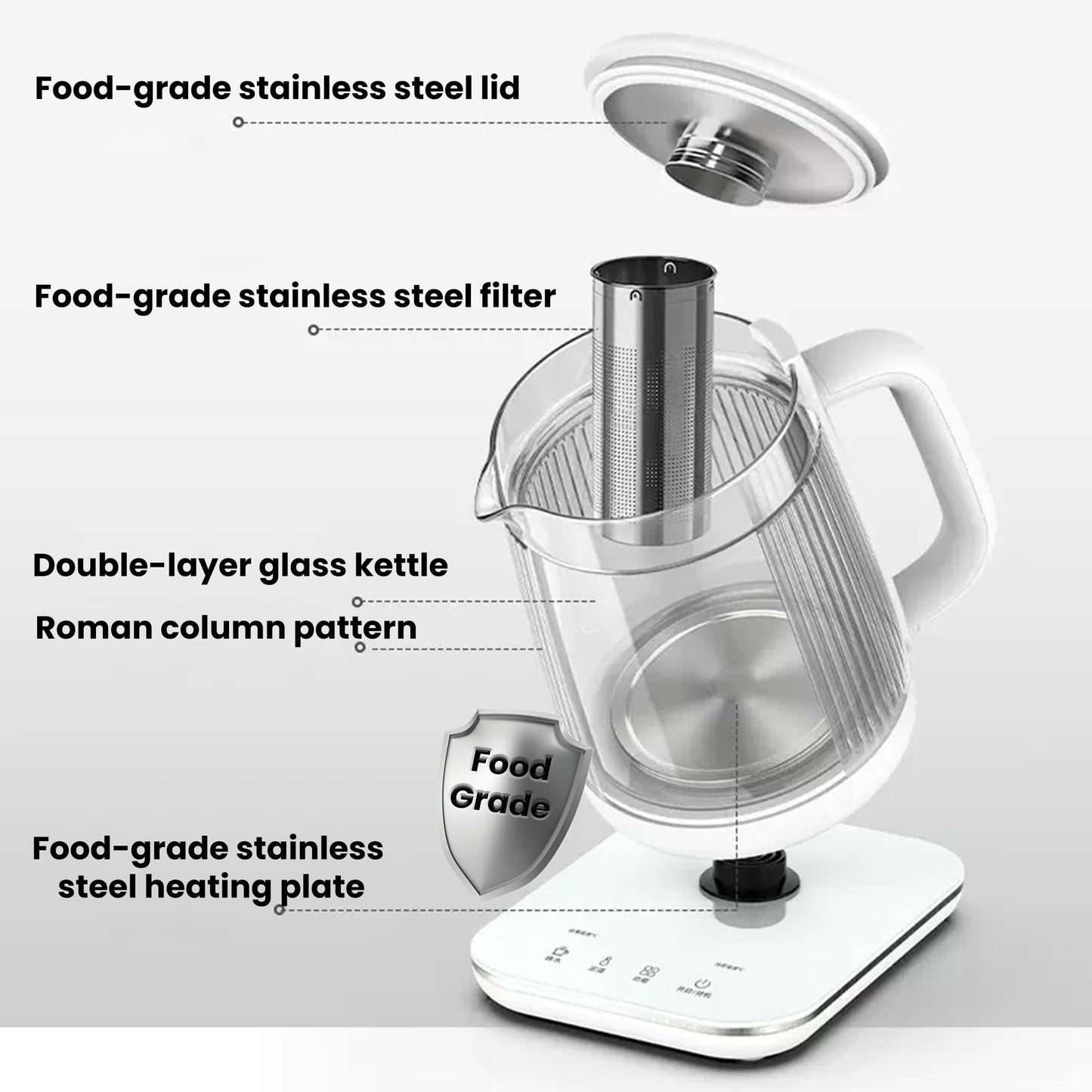 Double-Layer Electric Kettle1.5L with Stew Pot,Glass Health Pot, 9-in-1 Glass Tea Maker, Programmable Touch Panel, Stainless Steel Base for Soup, Porridge, Herbal Tea