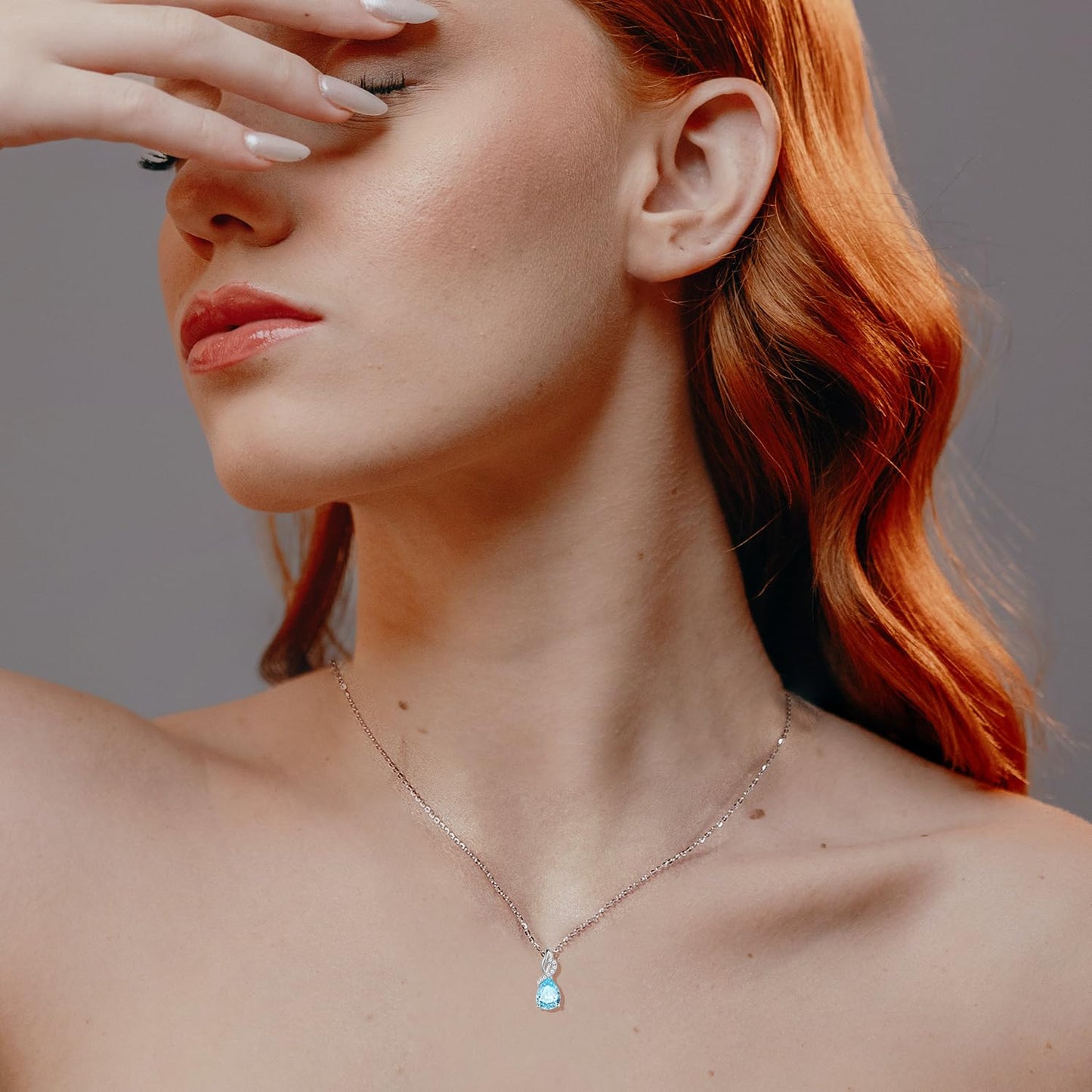 FANCIME Aquamarine Necklace March Birthstone Necklace 14K Solid White Gold Teardrop Pendant with Diamond Jewelry Gifts for Mom Women