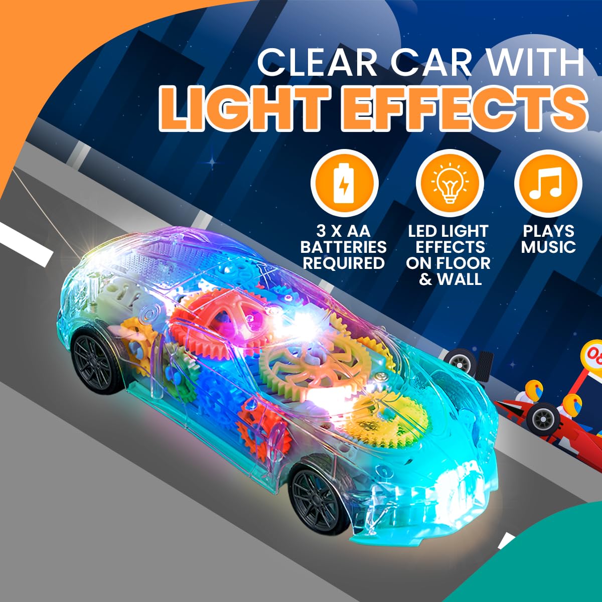 Playbees Light-Up Transparent Car with Remote Control, Toys for Autistic Kids Ages 3-5 Sensory Activity for Kids with Autism Special Needs Toys, Bump and Go Toys for Toddlers Music and LED Effects