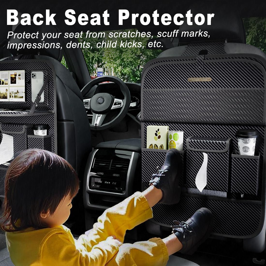 XDV Car Seat Organizers,Multi-functional Back Seat Protectors, Storage Pouches, and Tray Holders (for Cars, Kids, Seat Back and Rear Seats) (Carbon Fiber, 2 Pcs)
