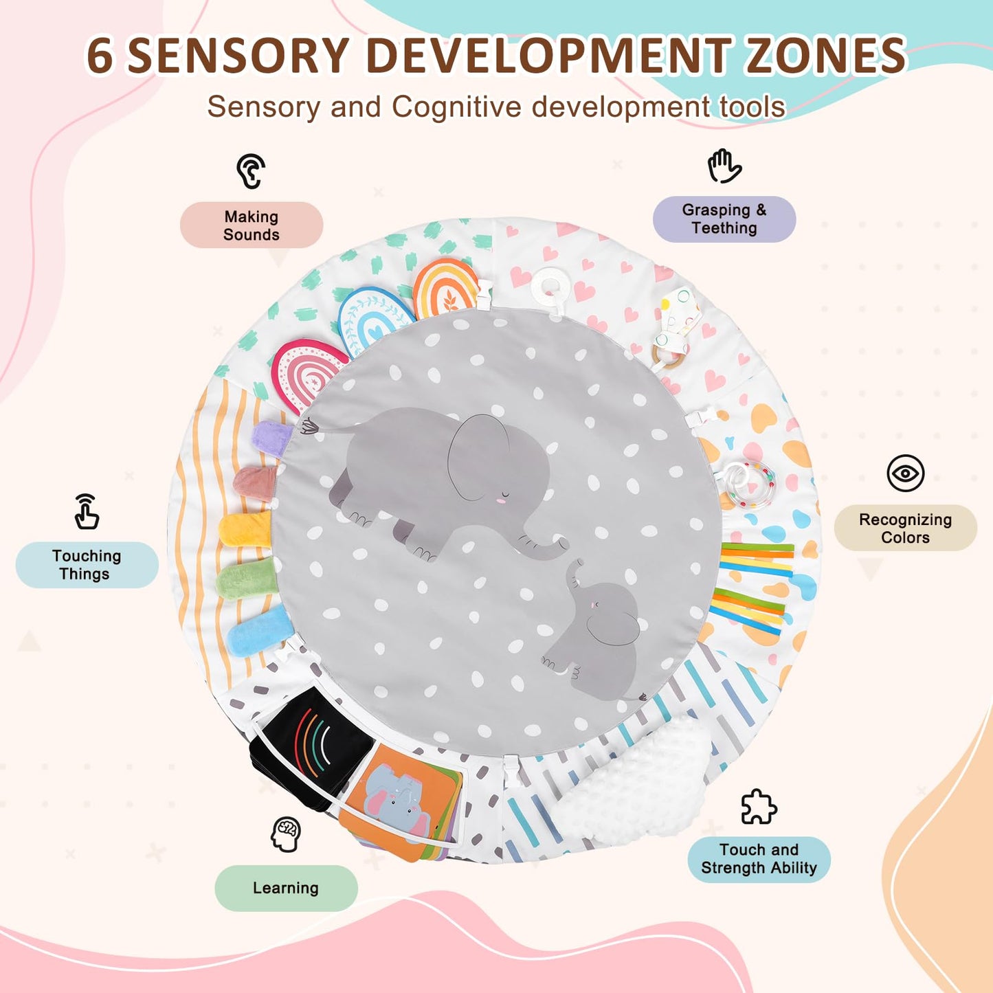 Baby Play Gym & Activity Mat, Tummy Time Mat with Cloud Toy, 7 Detachable Sensory Toys and Educational Cards for Motor Skills & Sensory Development, Baby Essentials Shower Gift, Grey Elephant