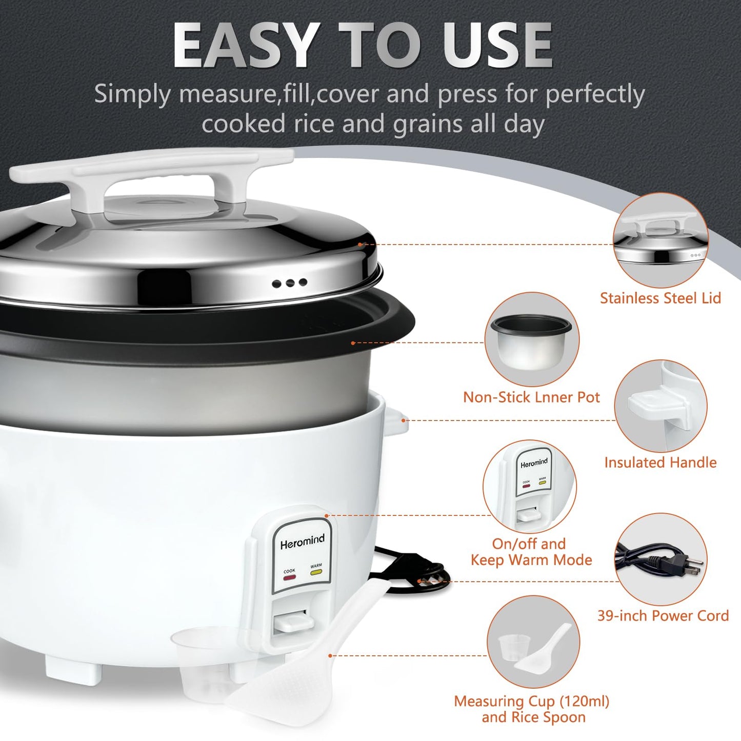 Heromind Commercial Rice Cooker, 90-Cup Rice Cooker, 16Qt / 18 L Large Rice Cooker with Nonstick Inner Pot, Fast Cooking and Auto Keep Warm, with Rice Cup and Paddle, Easy to Clean, 1950W