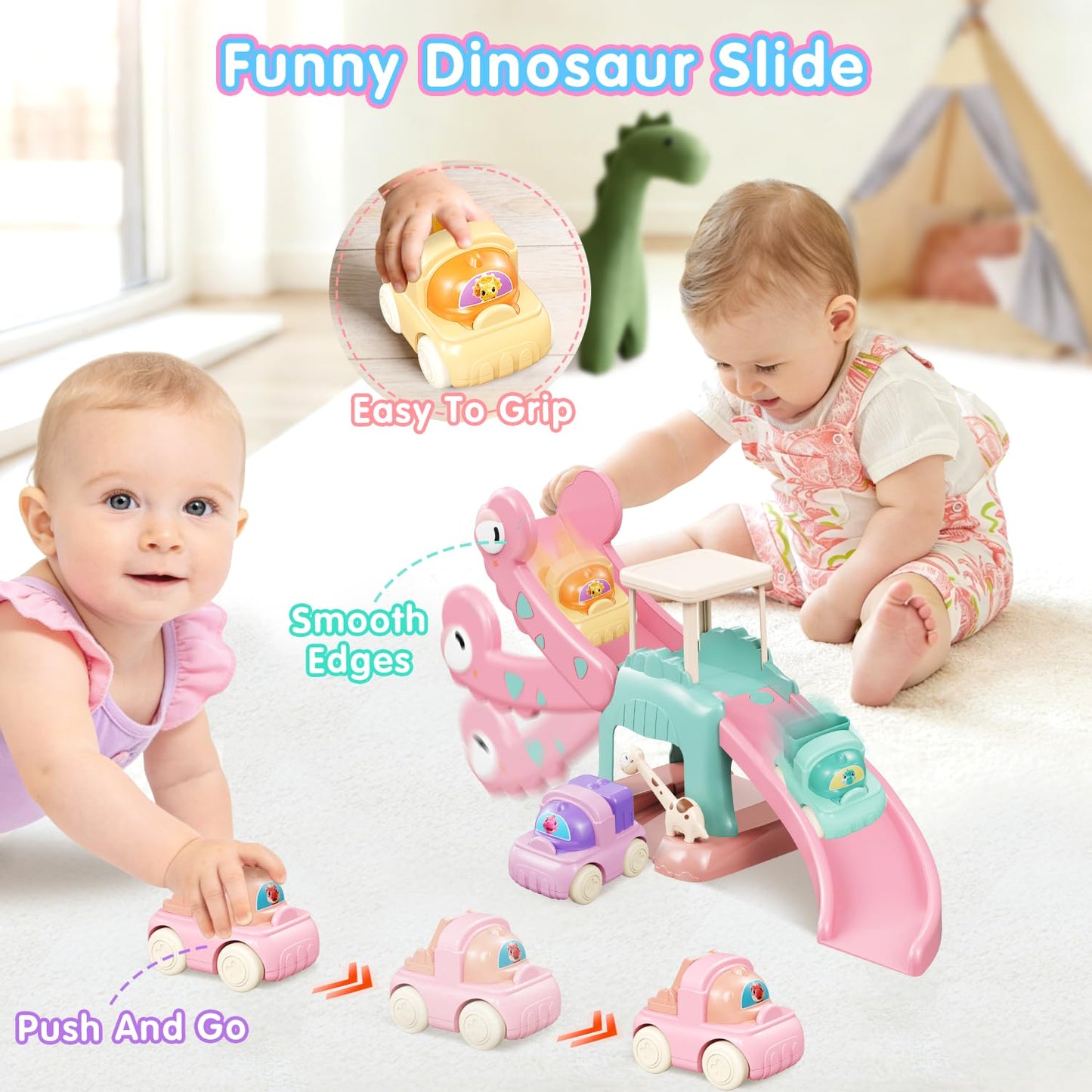 CRATIVWOOD Dinosaur Car Ramp Slide Toy for Toddlers — 4 Push Cars with Race Track, Baby Slide Indoor Toy, Montessori Learning Birthday Gift for Boys Girls 1 2 3 Year Old (Pink)
