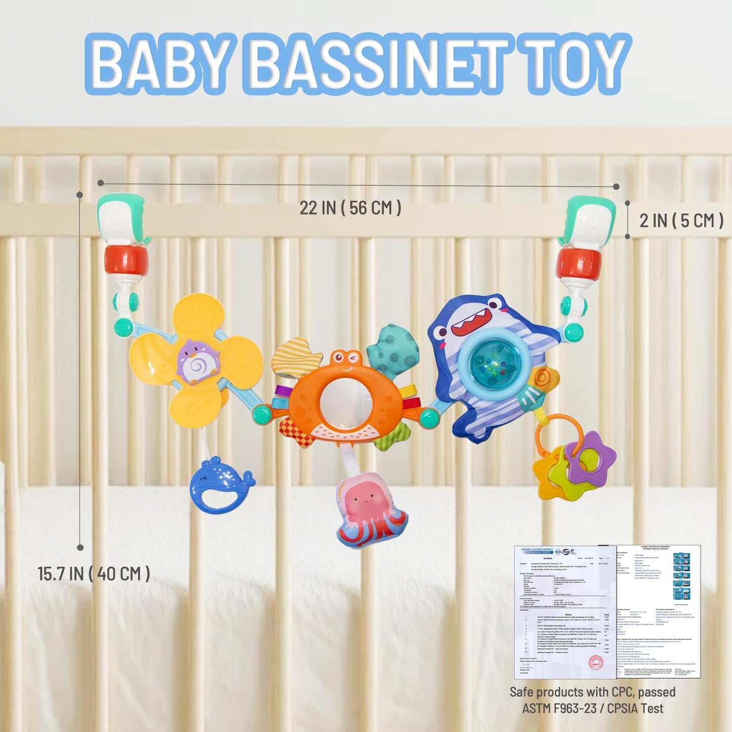 UTOPLIKEY Adjustable Baby Stroller Arch Toy, Car Seat Toys for Infants 6-12 Months Bassinet Hanging Toy Bar Attachment with Mirror & Sound, Crib Comfort Gift for Birthday, Baby Shower